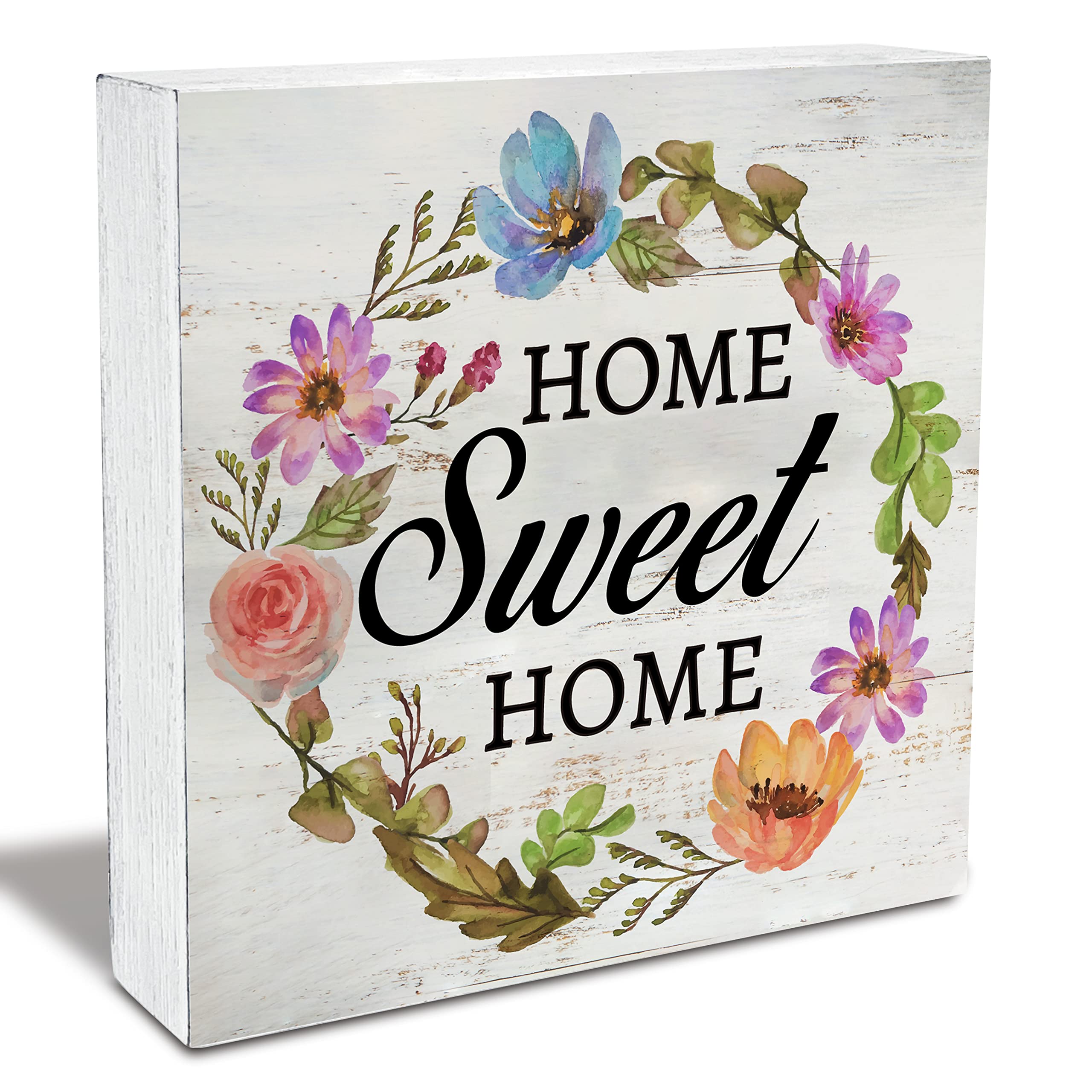 Floral Home Sweet Home Wood Box Sign Rustic Family Wooden Box Sign Home Desk Shelf Decor (5 X 5 Inch)