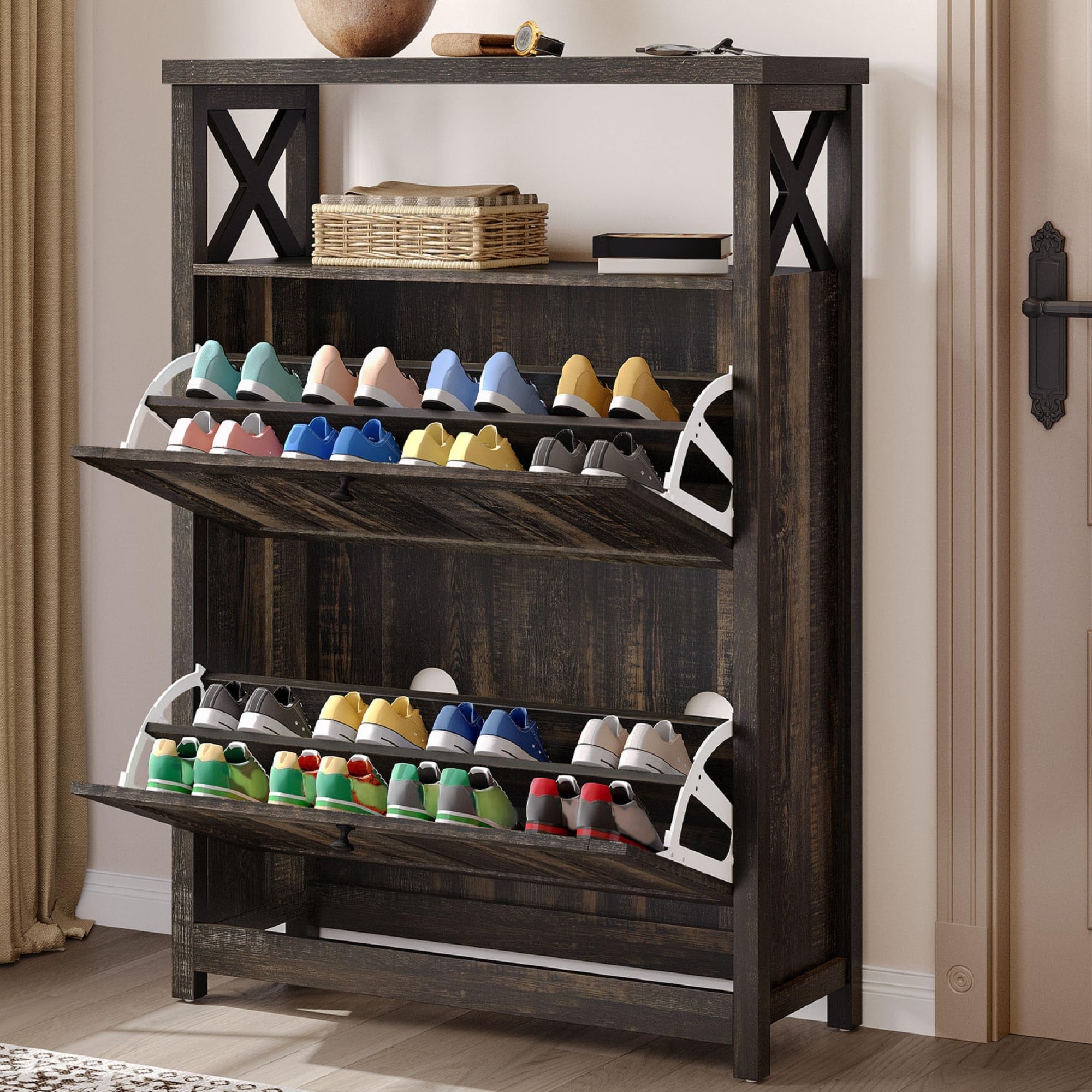 YITAHOME Shoe Cabinet with 2 Flip Drawers, Entryway Shoe Storage Cabinet with Open Shelves, Free Standing Hidden Shoe Rack Storage Organizer for Entryway/Hallway/Closet, Dark Rustic Oak