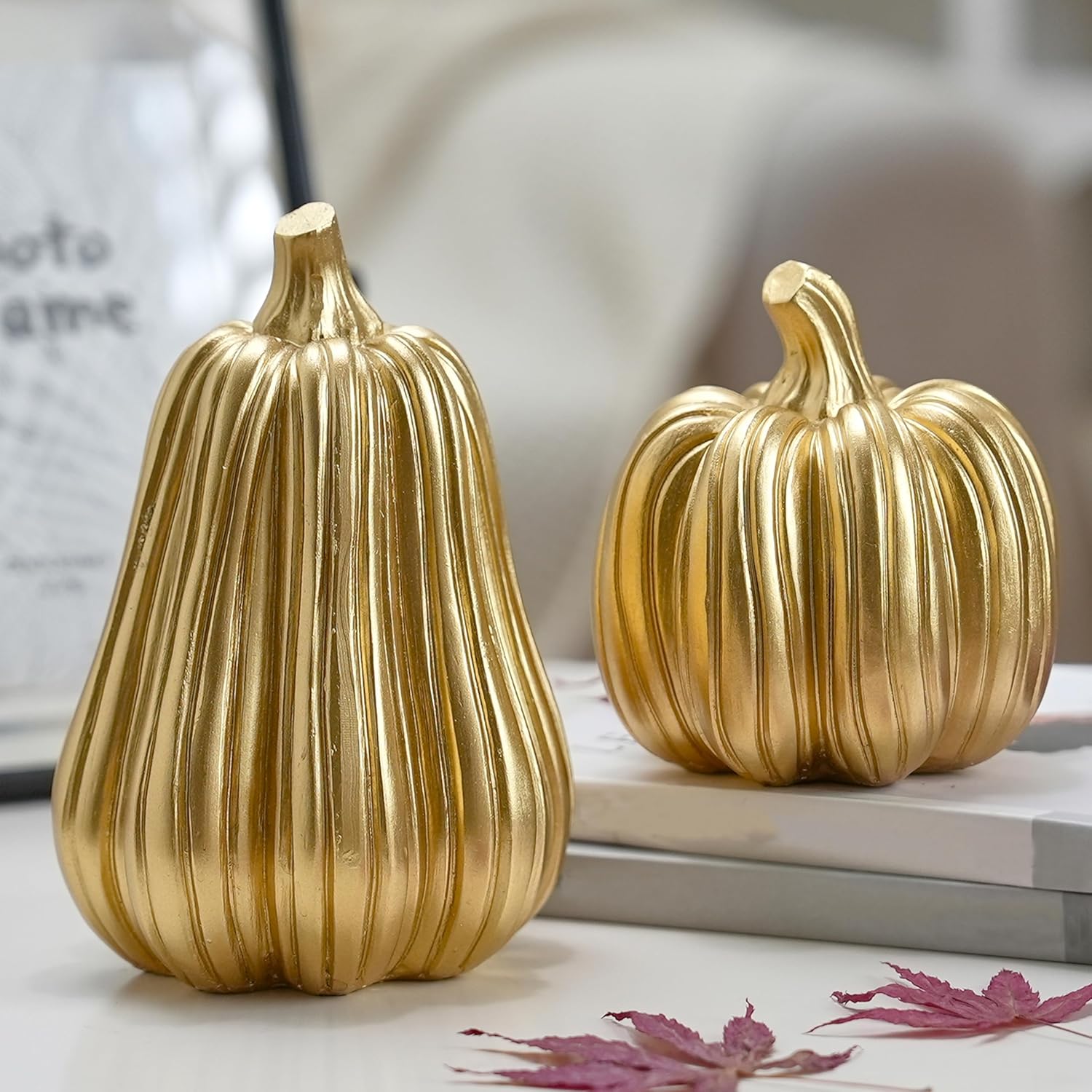 Gold Pumpkin Decor with Stripes, 2Pcs Resin Pumpkins for Decorating, Decorative Pumpkins for Fall Tabletop Decoration, Indoor Home, Autumn Kitchen, Thanksgiving Mantel Decor Gold With Stripes Set of 2