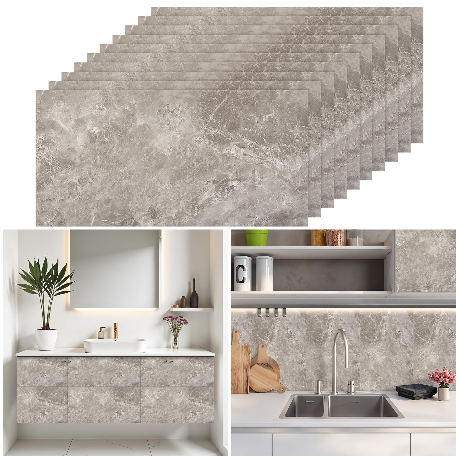 Warmiehomy Marble Tiles 60x30cm 10Pcs Thicken Self Adhesive Wall Tiles Waterproof,Peel and Stick on Vinyl Tiles for Living Room Bedroom Bathroom Kitchen Splashback,Grey Crackles