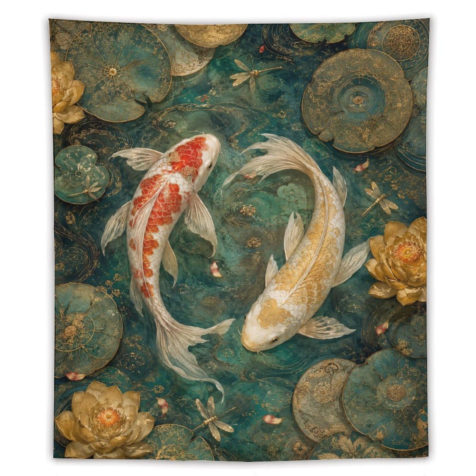 H3B8U2Y5 Koi Fish Floral Wall Tapestry, Ukiyo-e, Minimalist Asian Art