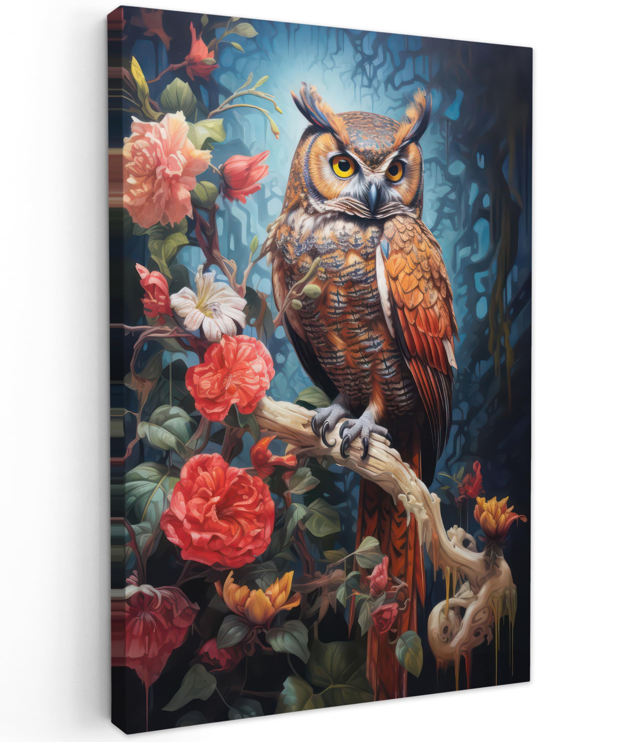 MuchoWow© Canvas Wall Art Work 24"x35" / 60x90 cm House Decoration for Living Room Home Decor Pictures Walls Owl - Flowers - Birds - Pink — image 1