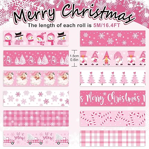 Miniatura 2 de Whaline 12 rollos de cinta washi rosa y blanca con diseño de árbol de copo de nieve a cuadros, cinta adhesiva decorativa para regalo de fiesta,