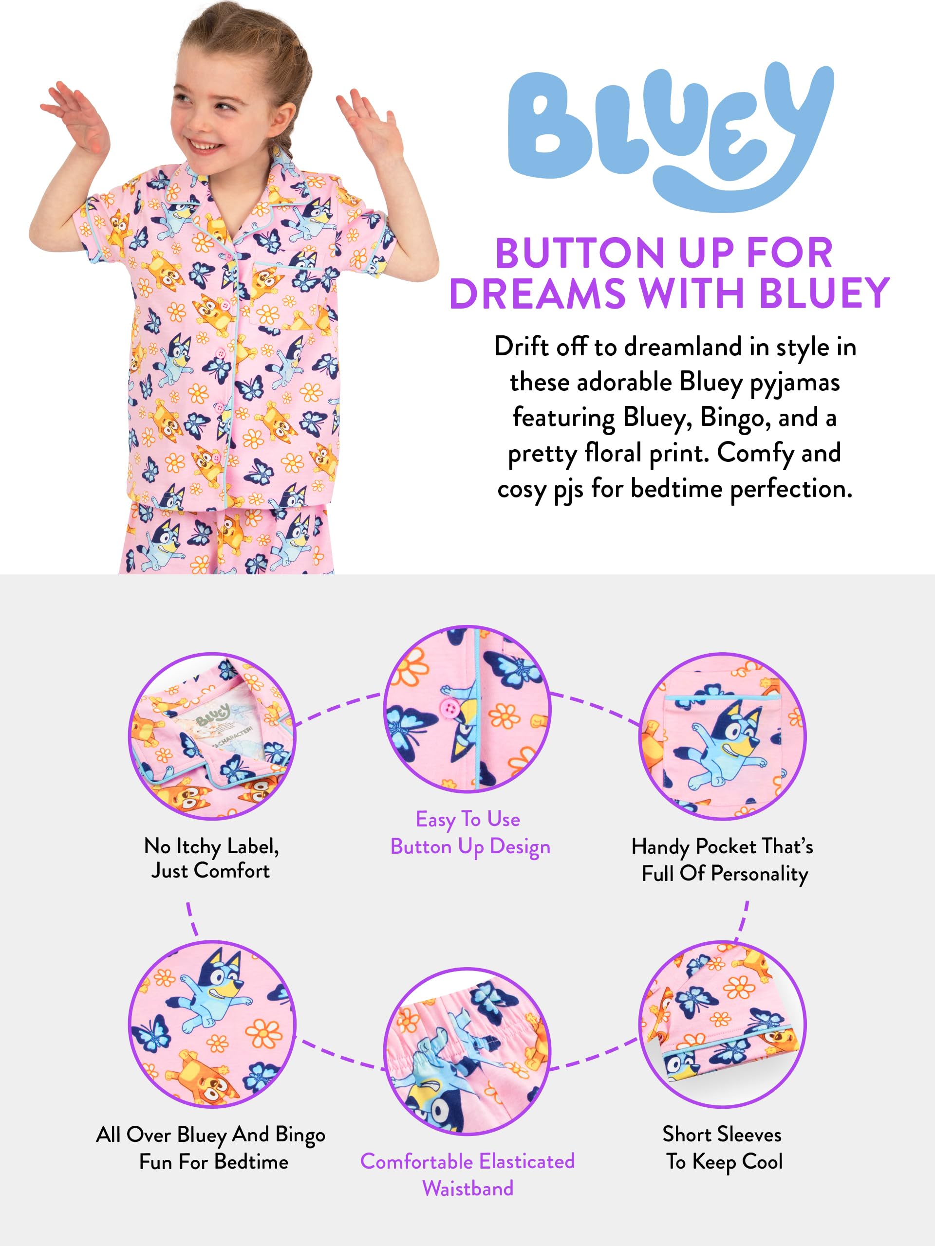 Bluey Pijama Pijama Niña De Botones | Pijamas De Verano Manga Corta para Niñas