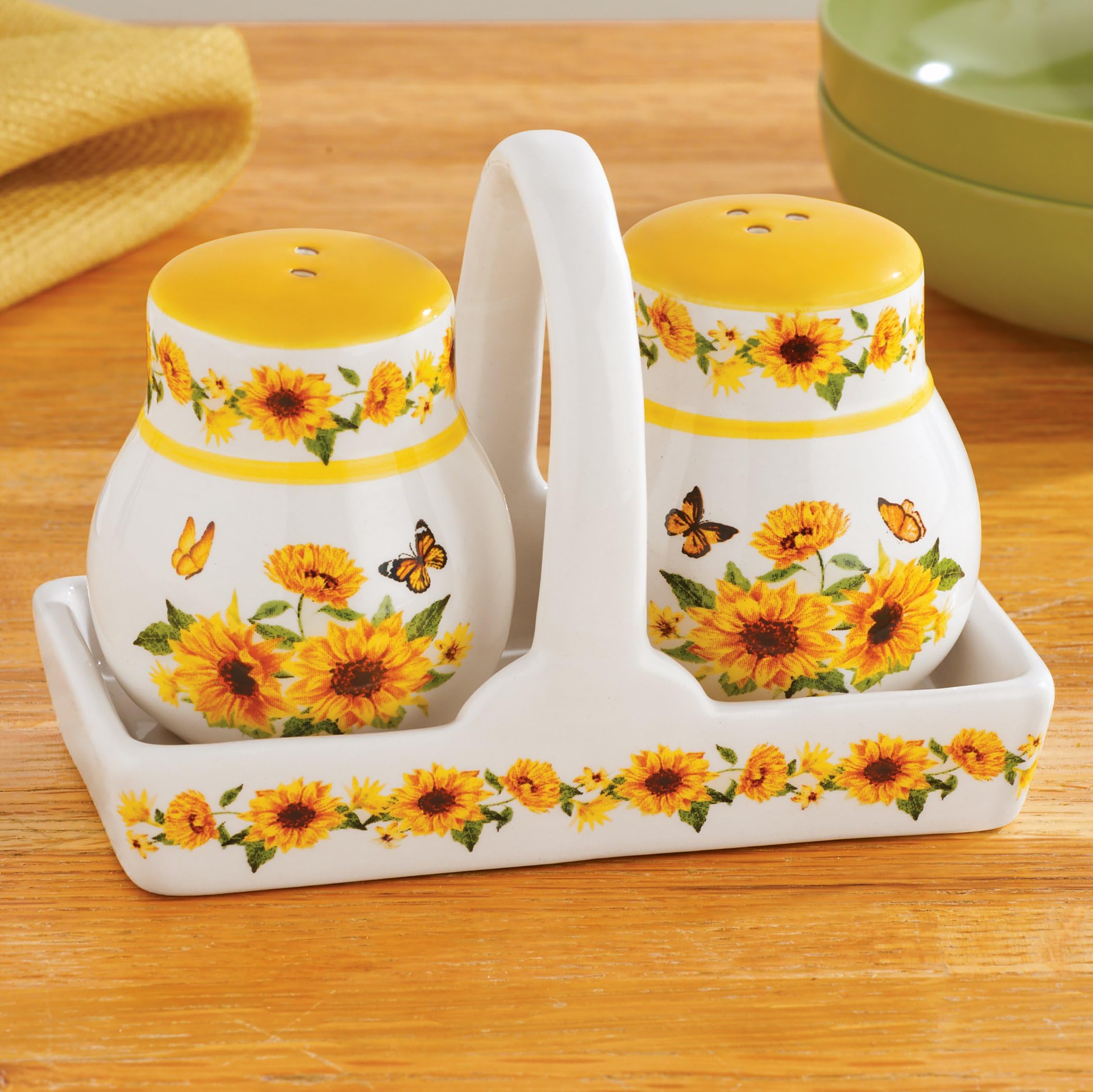 Collections Etc Hand-Painted Sunflower Salt & Pepper Shakers with Basket