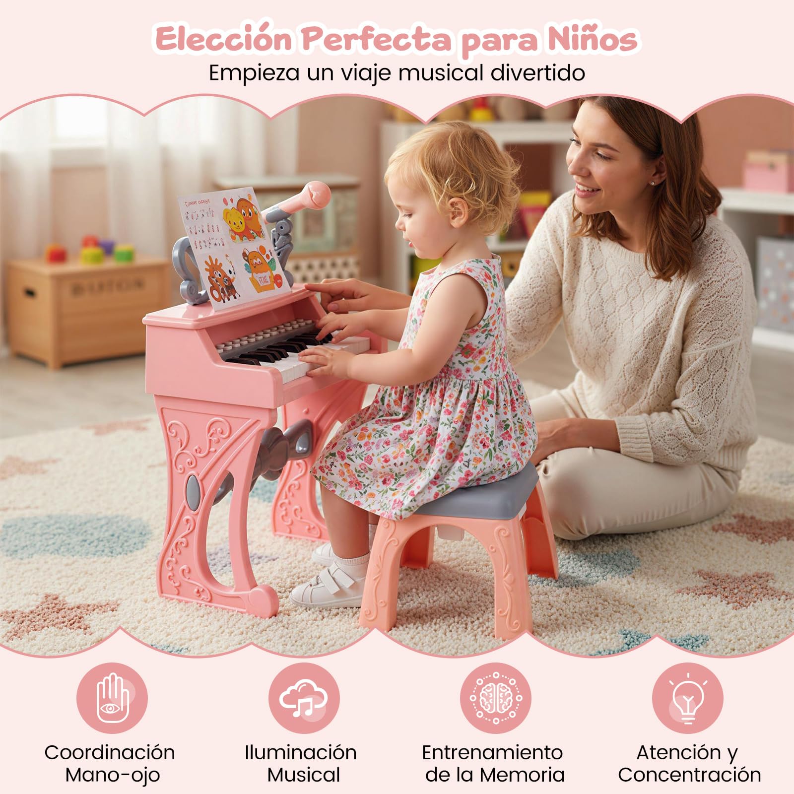COSTWAY Teclado Piano de Madera para Niños, Piano Infantil Eléctrico de 25 Teclas con Taburete, Atril para Partituras y Micrófono, Órgano Electrónico Educativo para Niños a Partir de 3 Años, Rosa