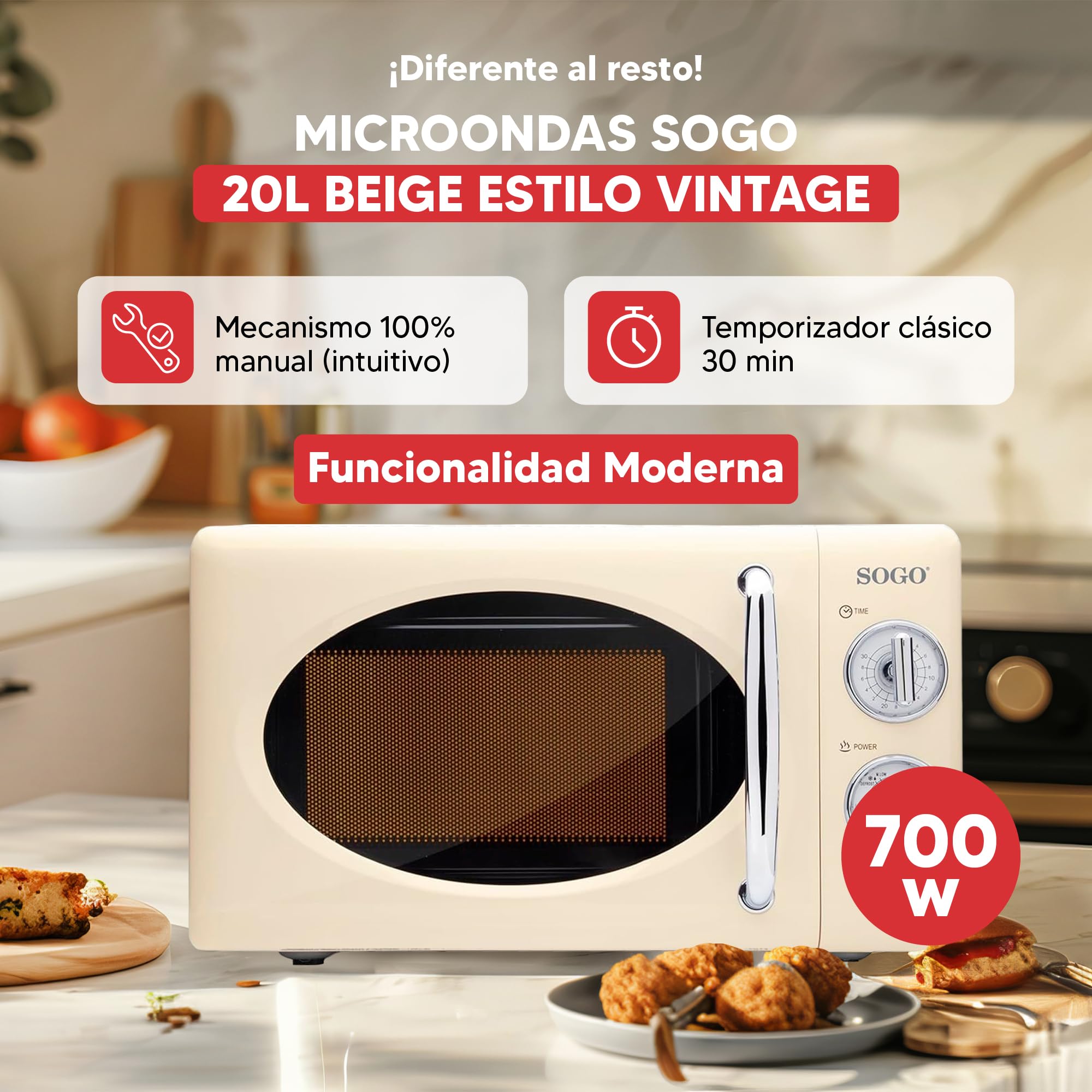 Sogo Microondas 20L 700W Vintage Beige 5 Potencias Descongelar Temporizador
