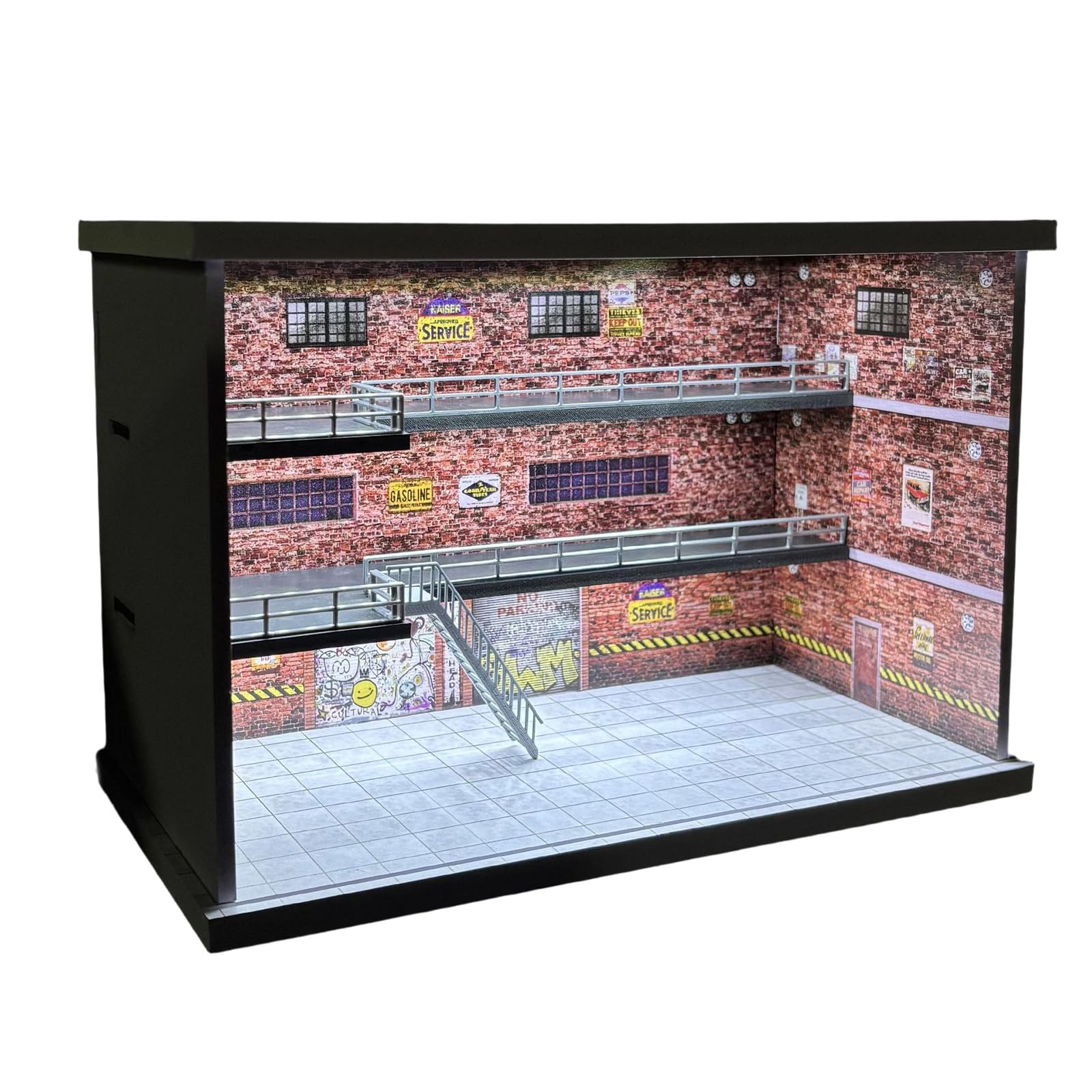 Vetrina per auto modello desktop, M008901 | Scala 1/64 illuminato parcheggio garage layout con struttura in PVC e copertura anteriore trasparente