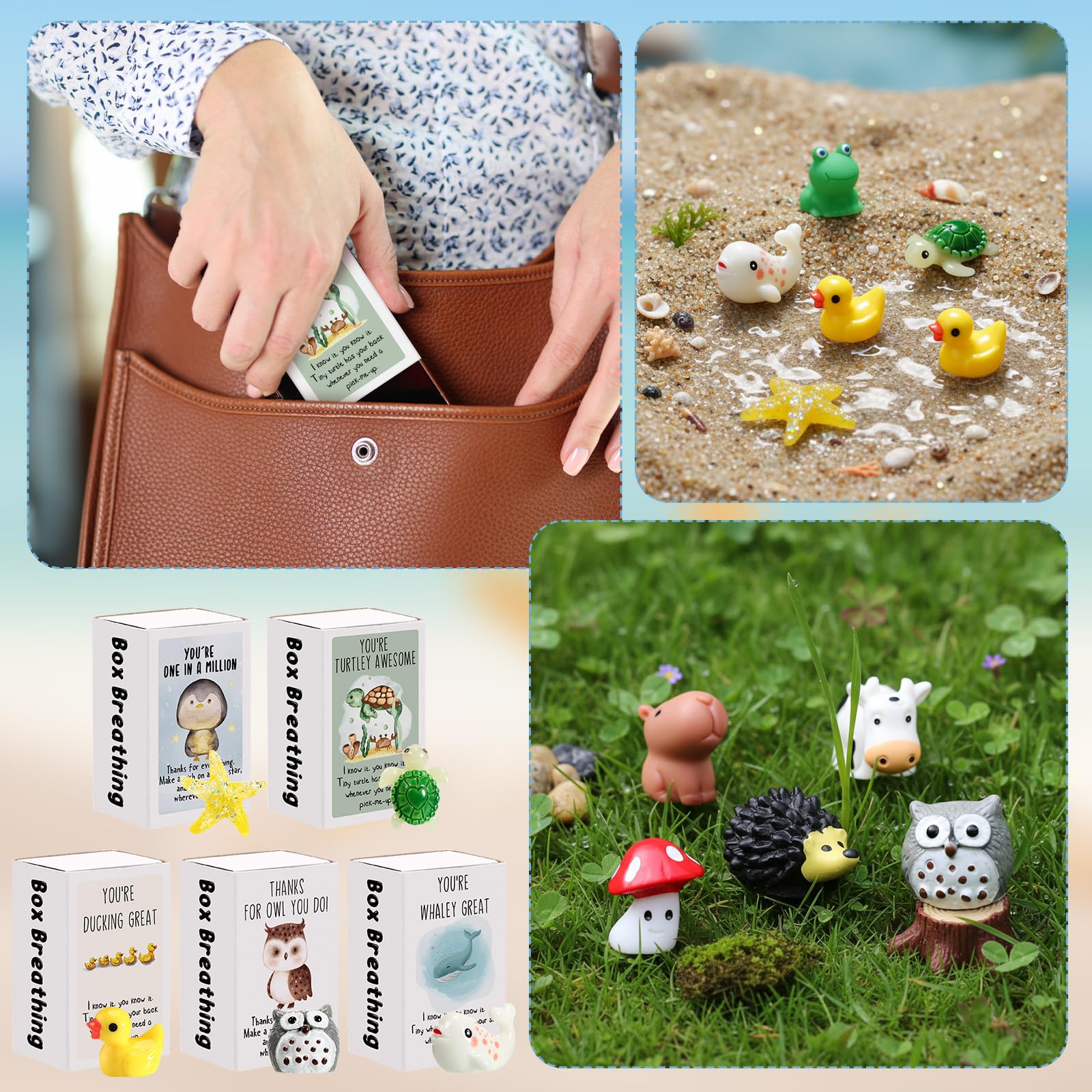 Soulchen 20 Set End of School Year Gift Mini Emotional Box Breathing Animals Inspirational Positive Support Gift for Employee Small Resin Animal Figurines with Pun Box for Teacher Nurse Office (Funny)