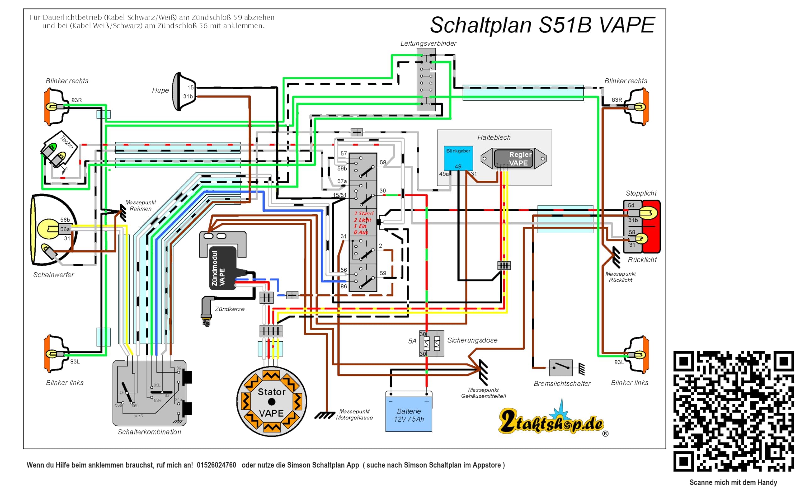 Simson S50 S51 Elektrik Set inkl. Kabelbaum,Vape Halter, Bremslichtschalter, Zündschloss,Sicherungen