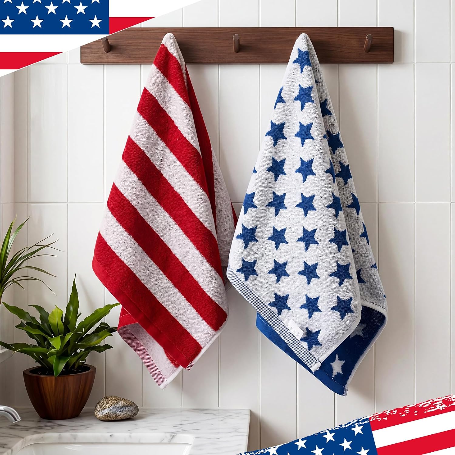 Condition photo showing As Is for breling 2 pcs patriotic 4th of july hand towels, 100% cotton red blue white americana stars stripes bathroom decorative towels for 250th anniversary independence day kitchen bath decor, 13 x 29 inch striped star red blue white