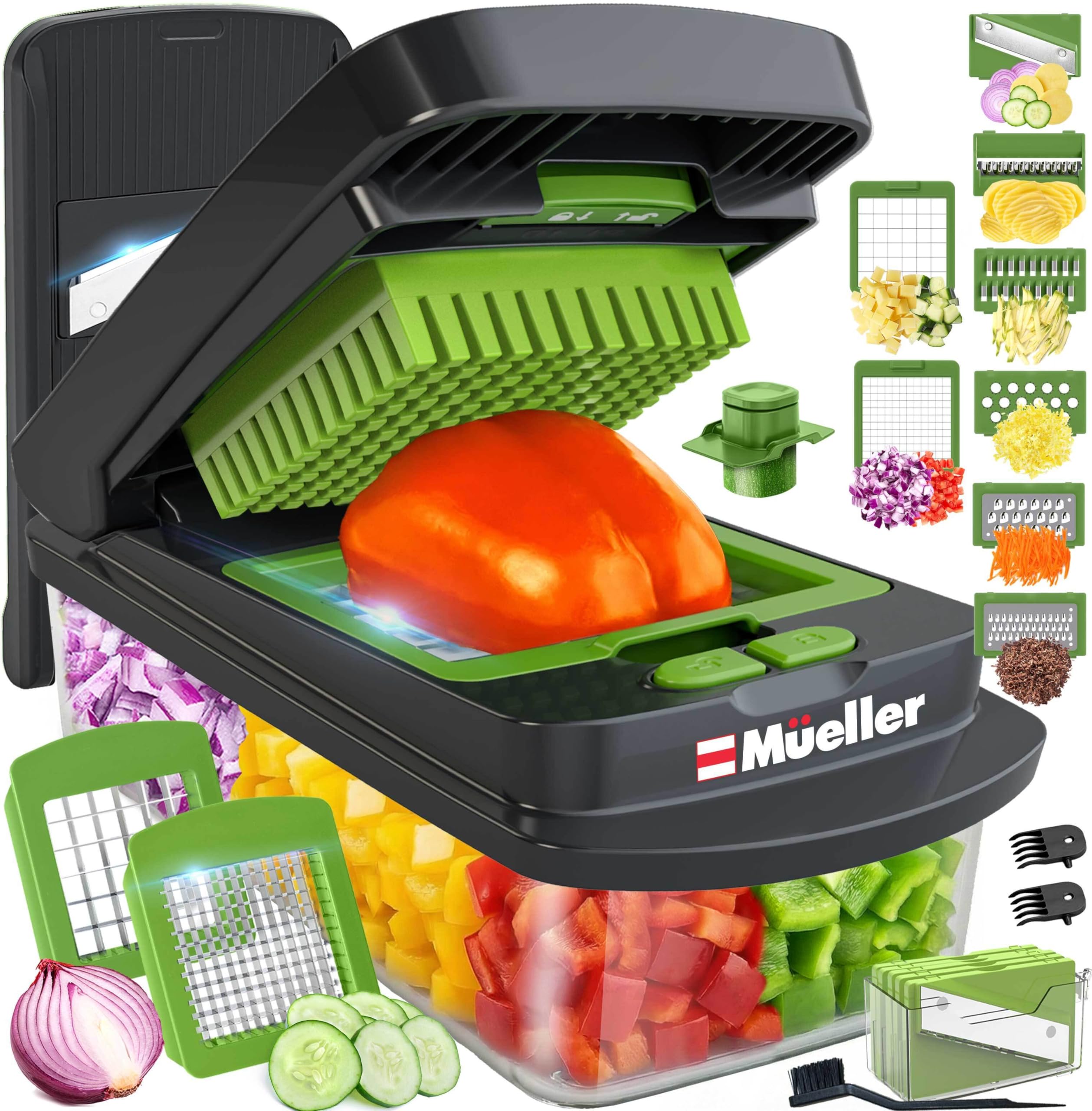 Mueller Pro-Series 10-in-1, 8 Blade Vegetable Chopper, Onion Mincer, Cutter, Dicer, Egg Slicer with Container, French Fry Cutter Potato Slicer, Home Essentials, Salad Chopper,Gray/Green