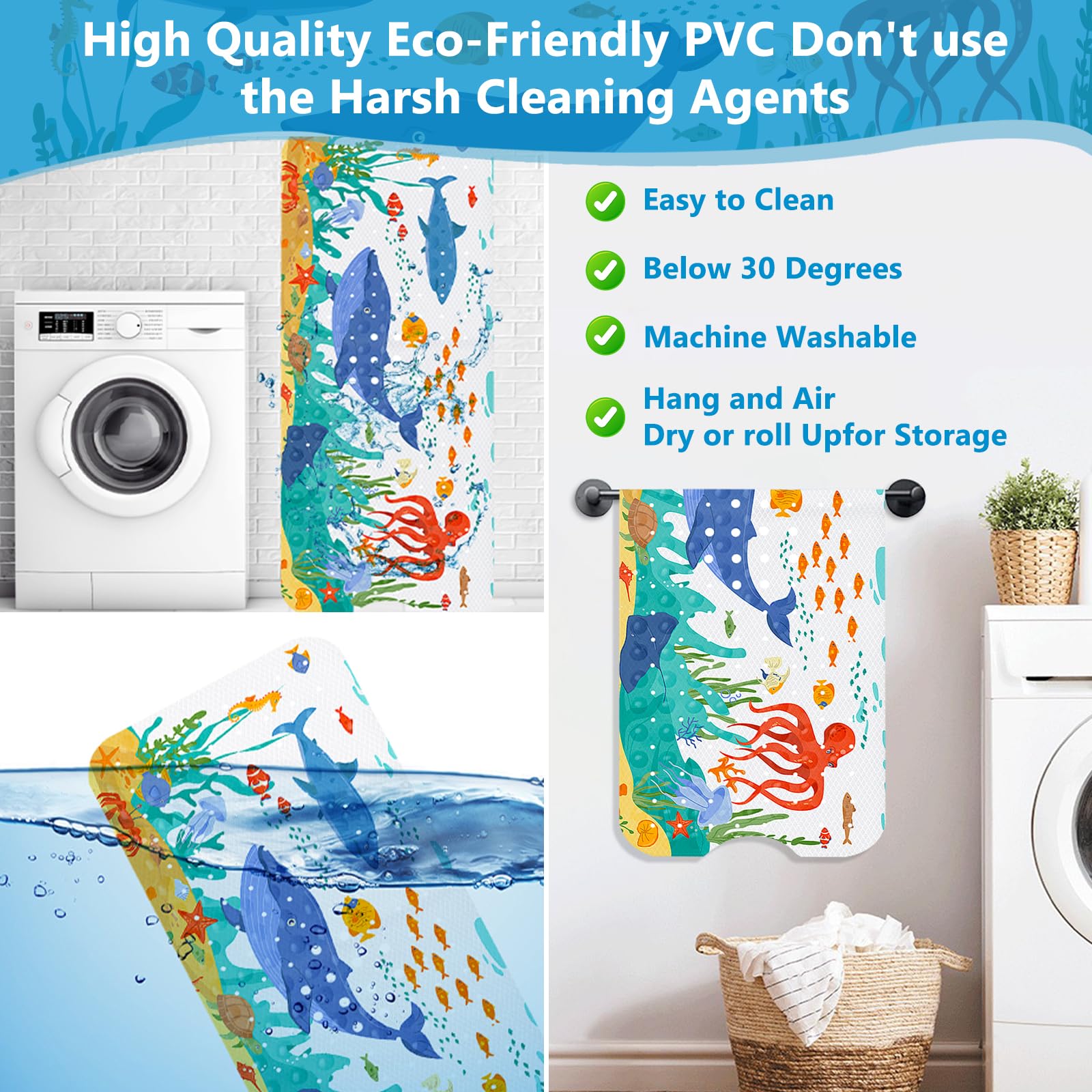 Tapis de Bain Antidérapant pour Enfants 100x40cm PVC 200 Ventouses Lavable en Machine
