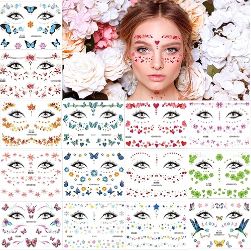 14 hojas de calcomanías temporales de tatuajes para mujer, diseño de cara de mariposa, flores, ojos, maquillaje, pecas, impermeables, corazón, hoja