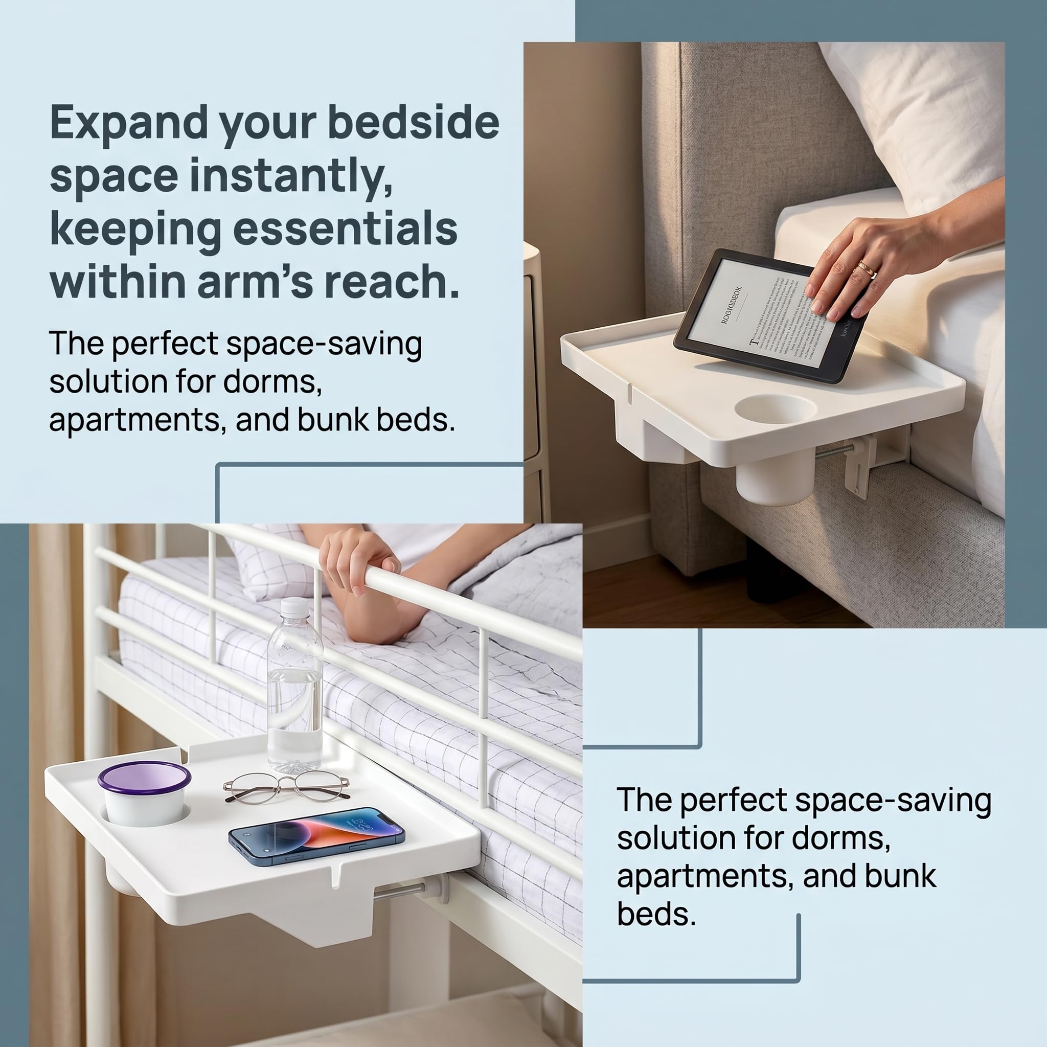 Table De Chevet Suspendue pour Lit Grande Table De Nuit Fixe sur Cadre 43x29,5 Cm avec Support De Verre Et Passe-Câbles Plateau Lit pour Smartphone Blanc
