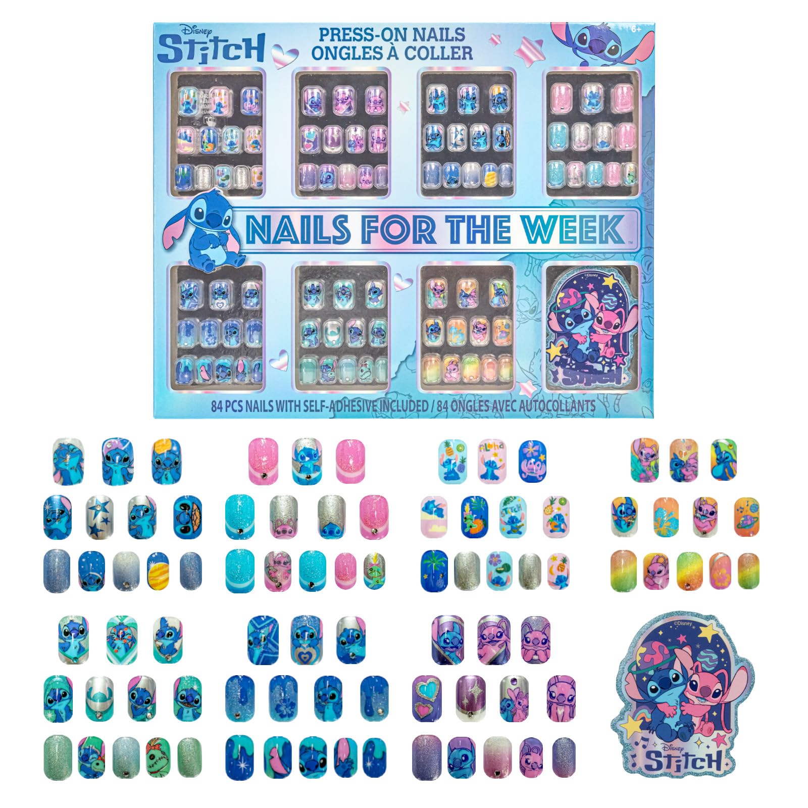 Disney Stitch 84 Pcs Glitter Glamup Metallic Press-On Nails Artificial Fake False Nails Pre-Adhesive Full Cover Nail Tip Set for Kids, Girls, Tweens