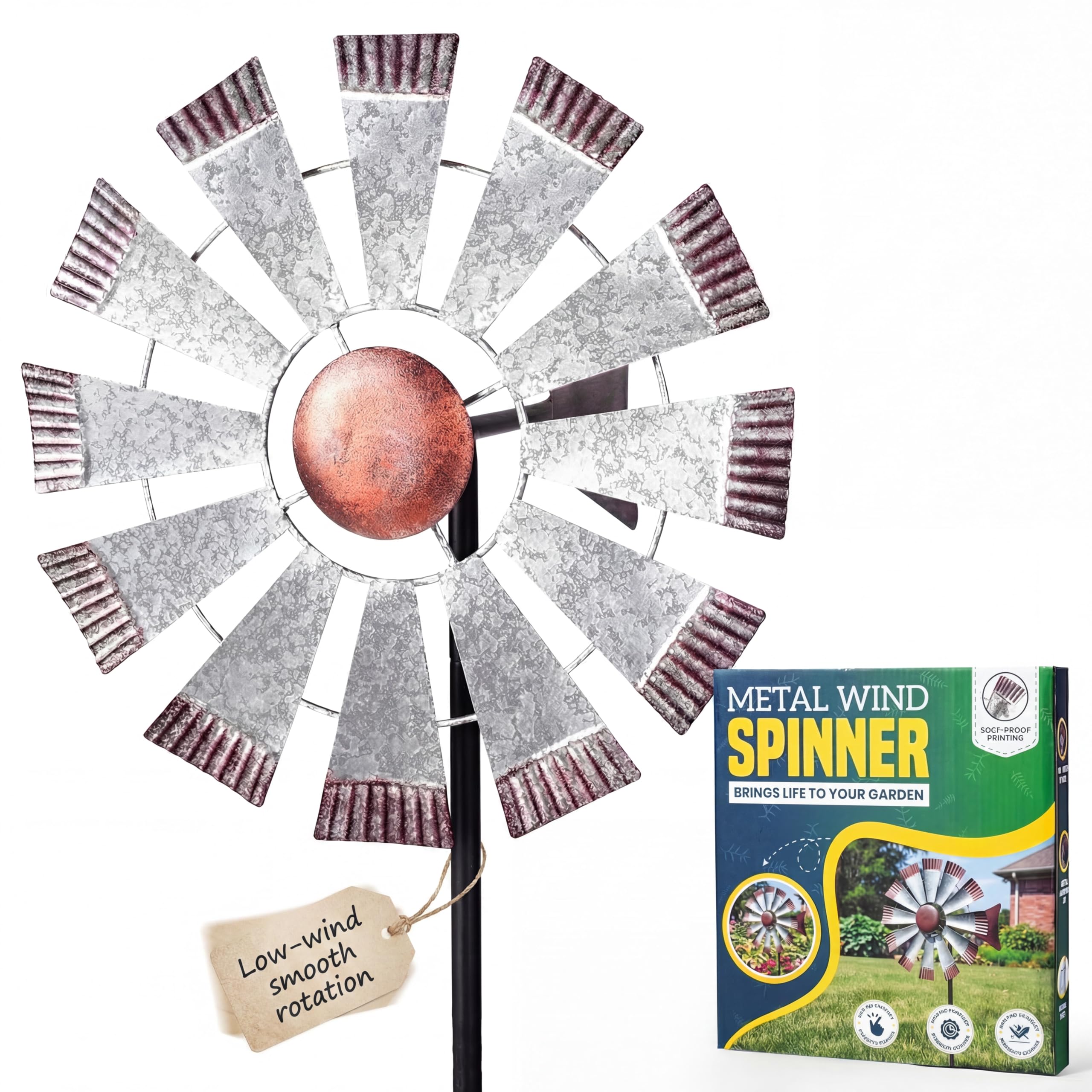Photo 1 of Bellovira Garden Wind Spinners with 43" Tall Yard Stake - 13" Windmill Style Wheel | Low Friction Bearings | Weathered Galvanized Metal Wind Spinners with Copper Toned Center | Metal Garden Decor