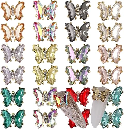 Miniatura 2 de Dijes para uñas de mariposa 3D, 24 piezas de diamantes de imitación para uñas acrílicas, arte AB de vidrio, gemas de metal con purpurina, accesorios