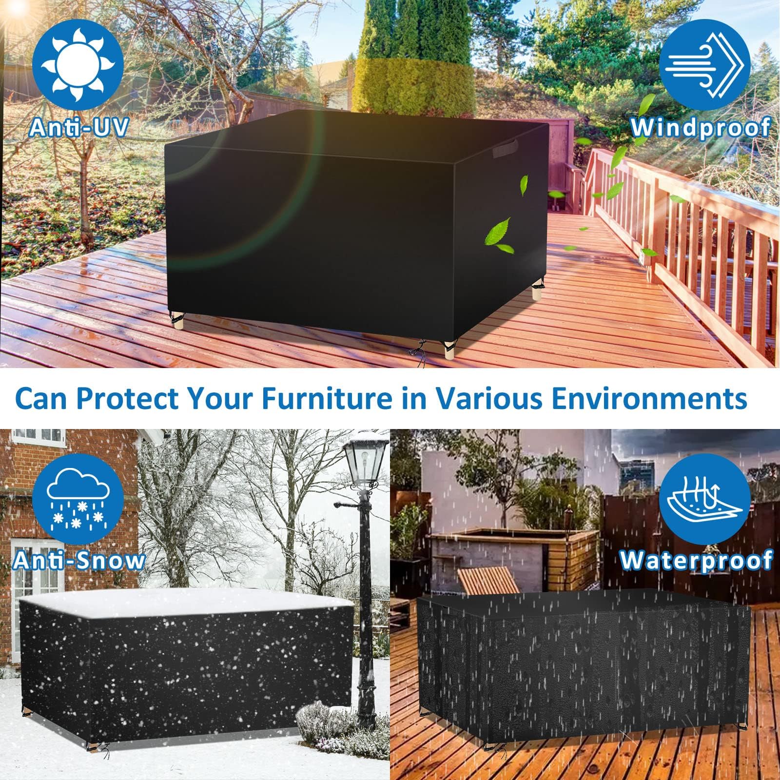 Funda para Mesa Jardín Exterior Impermeable, 420D Oxford Funda Protectora Muebles Jardín Terraza Resistente al Viento Nieve Sol, Cubierta Mesa Jardín Exterior Anti-UV 200x200x85cm