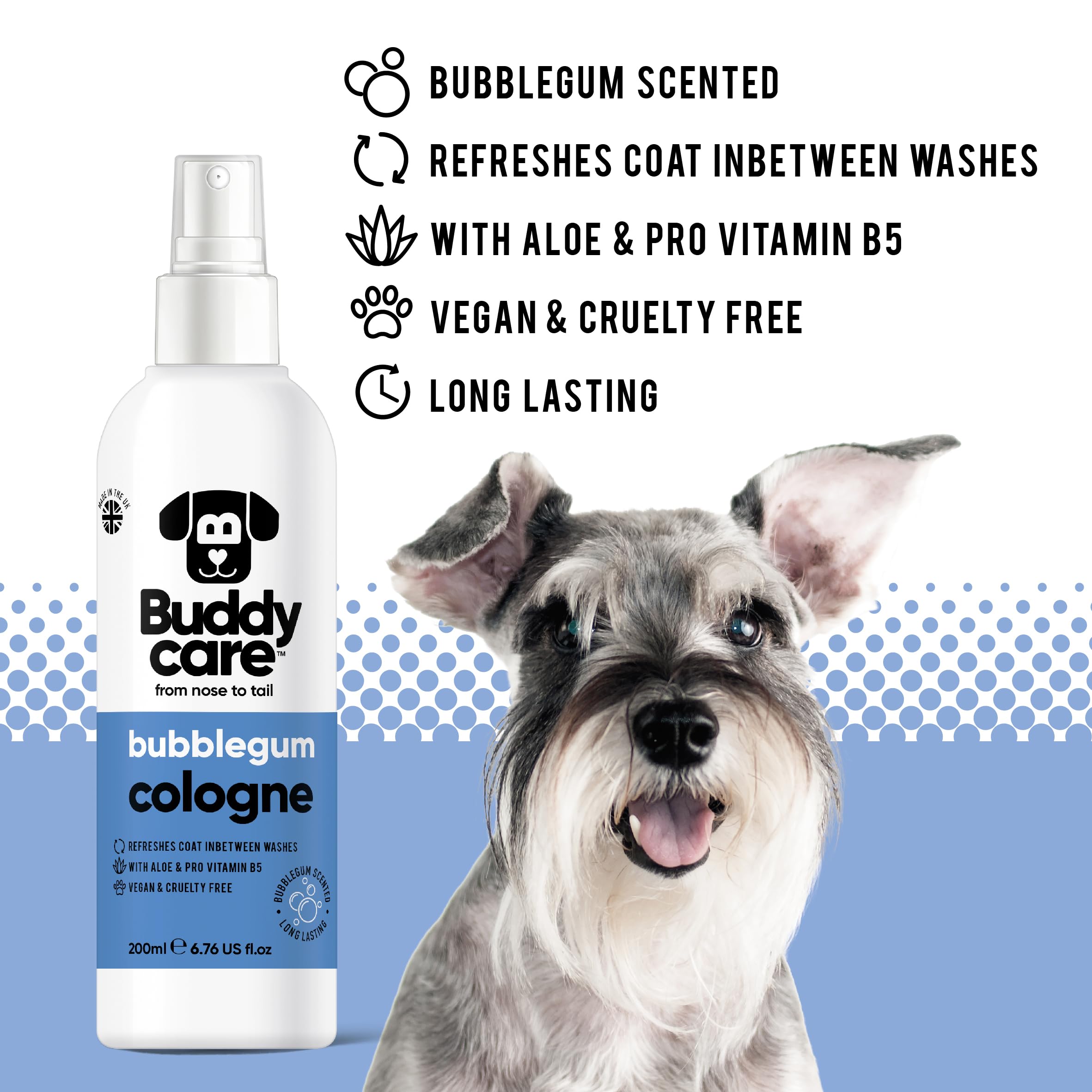 Buddycare Dog Coloński – guma bąbelkowa – słodko i fantazyjnie pachnąca kolońska – odświeża między myciami psa (200 ml, 1 sztuka)