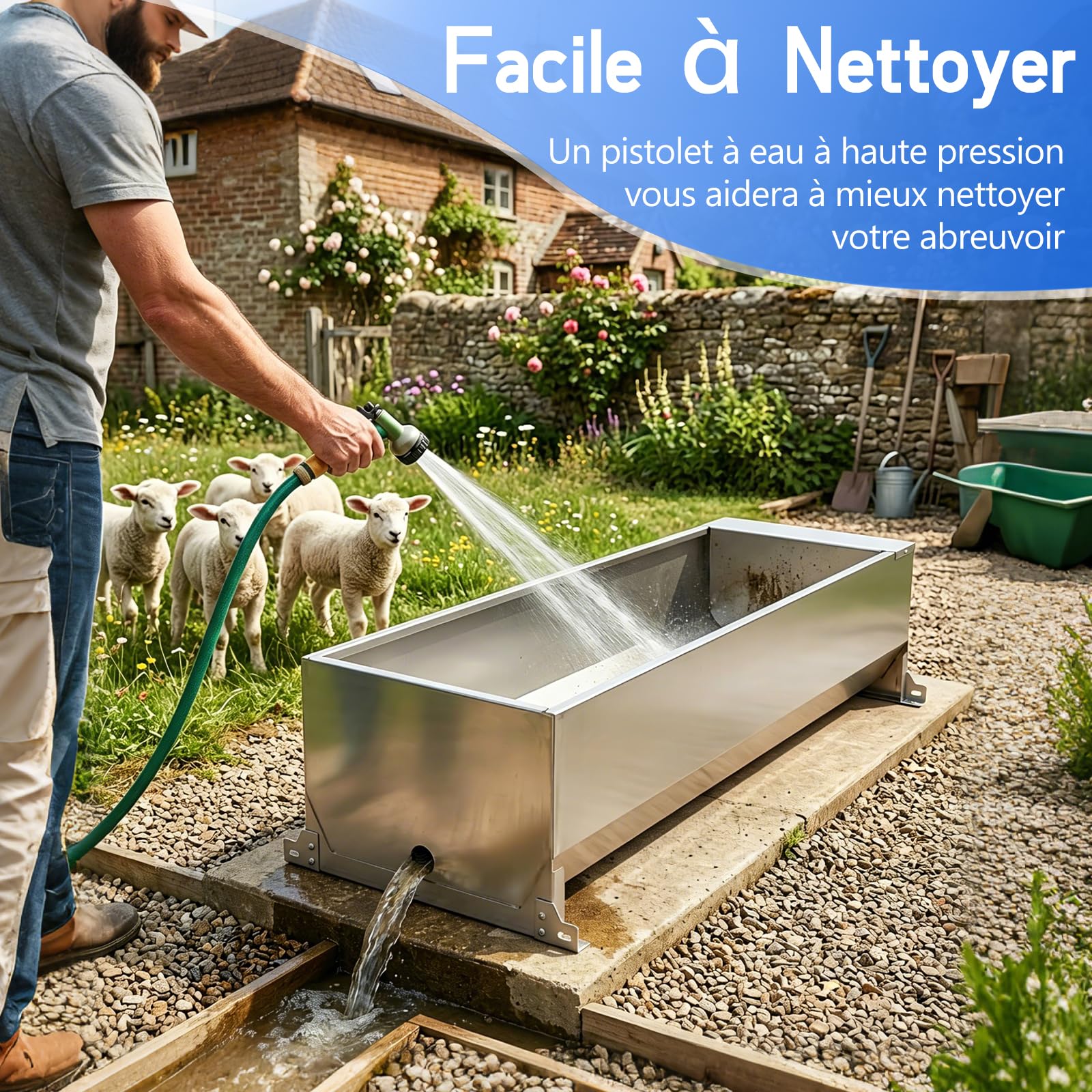 Abreuvoir Automatique 50L en Acier Inoxydable, Abreuvoir Extérieur Grande Capacité avec Vanne à Flotteur, Distributeur d'eau pour Chevaux, Vaches, Porcs, Chèvres et Grands Chiens Élevage