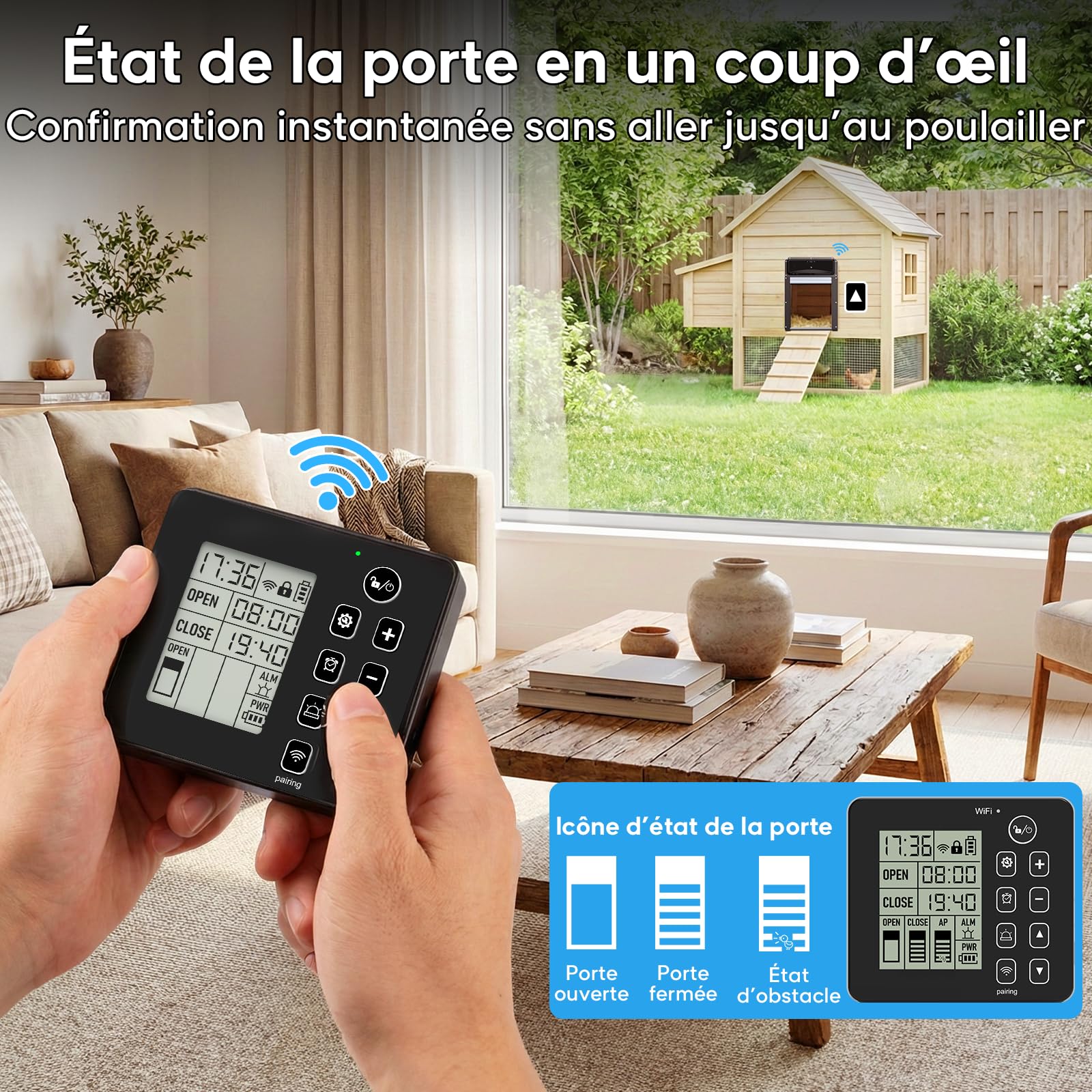 Porte Poulailler Automatique Solaire avec Télécommande sans Fil 120 m, Porte Enroulable Porte Automatique Poulailler Solaire avec Détection de Mouvement 120°, Minuterie, Fonction Anti-pincement