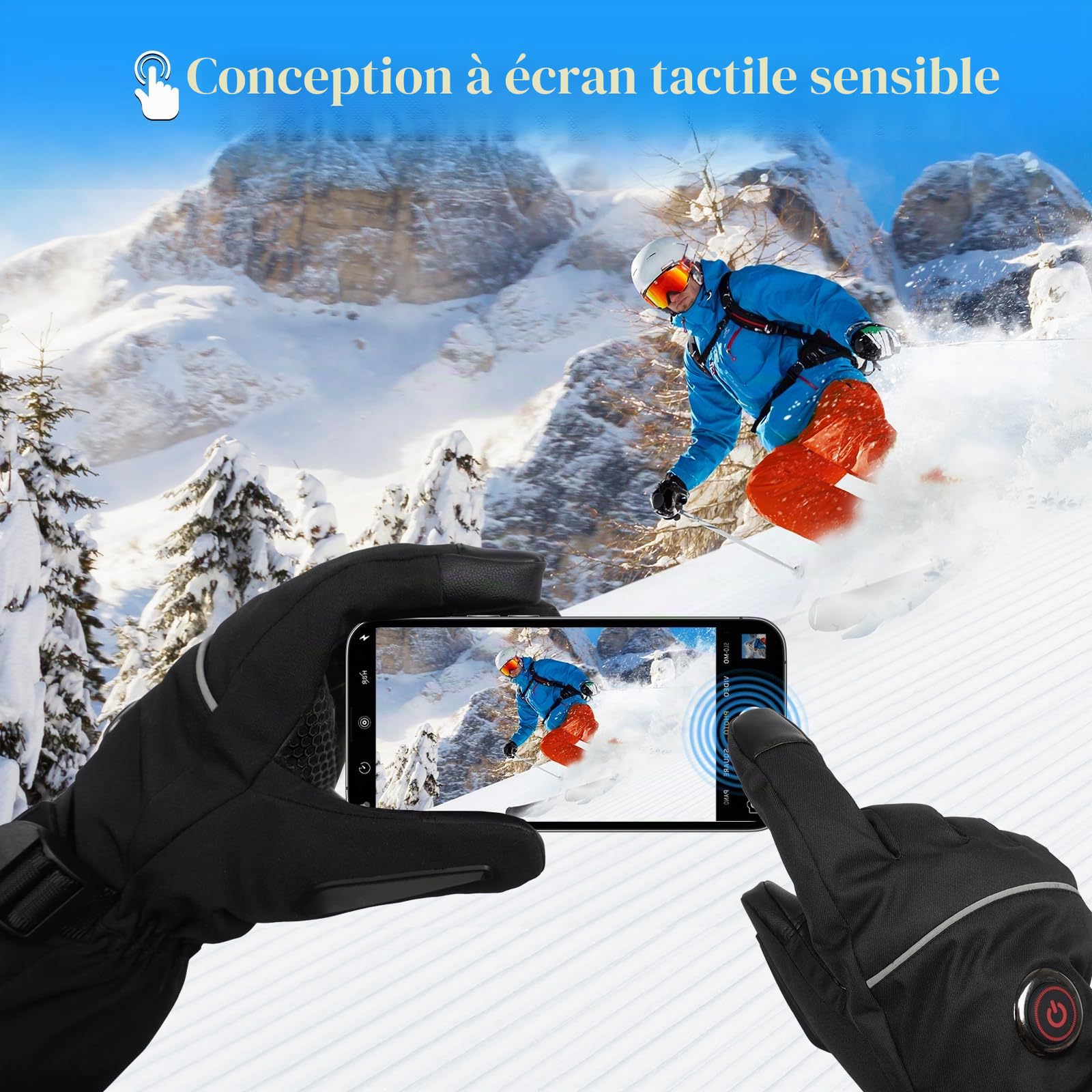 MRAWARM Gants Chauffants Électriques Rechargeables 5V 6000mAh pour Homme Femme, 3 Niveaux de Chauffage, Imperméables, Écran Tactile pour Sports d'Hiver (Noir, Unisexes-Adultes)