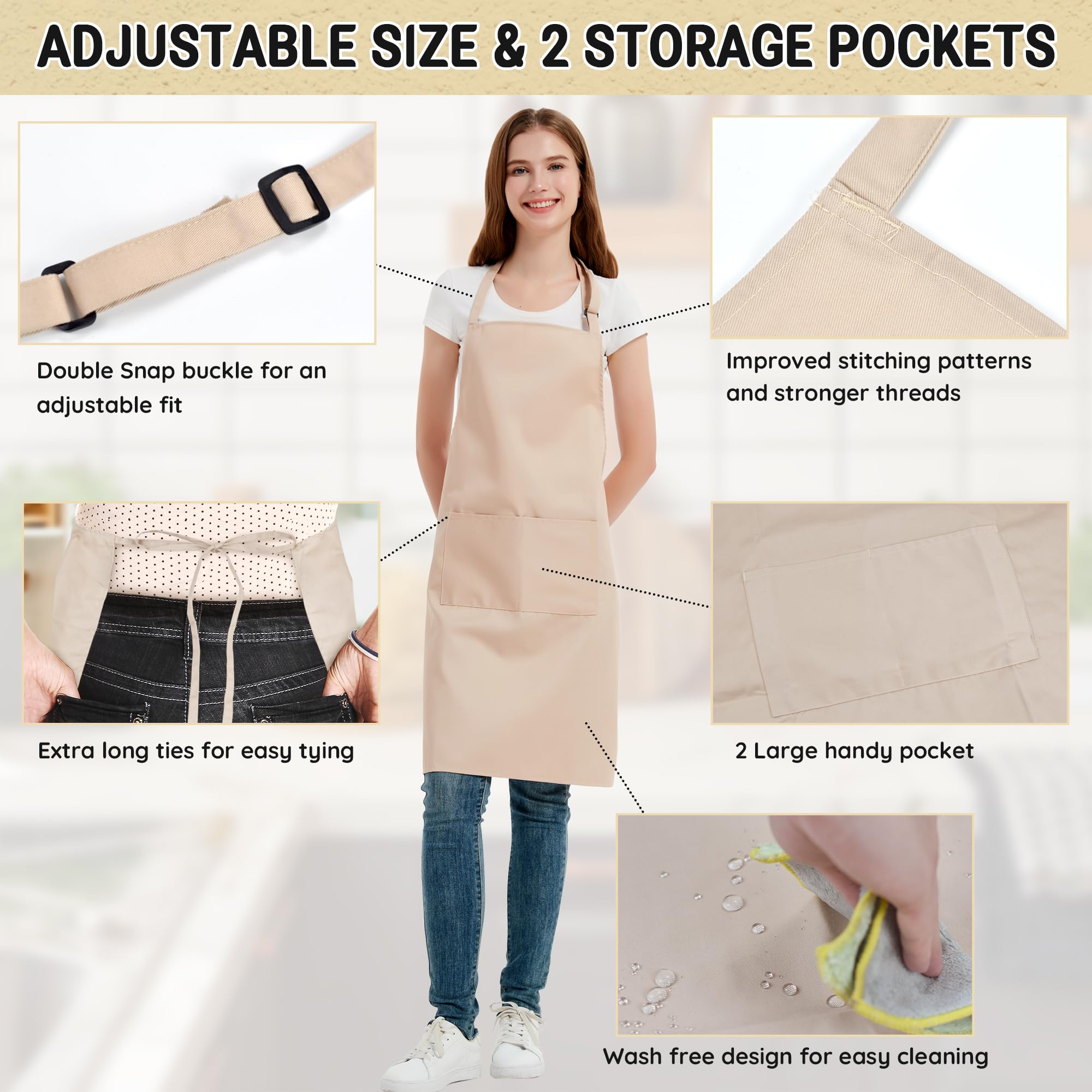 FunChaos Chef Apron for Men and Women Wash Free Bib Apron with 2 Pockets Water & Oil Proof Adjustable Aprons Professional for Cooking Kitchen Gardening Painting BBQ Khaki - Image 4