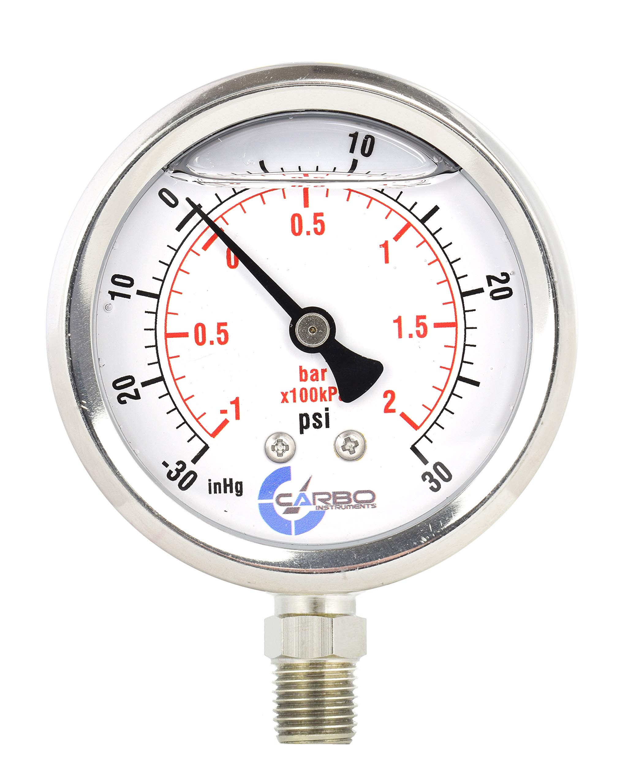 CARBO Instruments 1-1/2" Pressure Gauge, Stainless Steel Case, Chrome Plated Brass Connection, Lqiuid Filled, Compound Vacuum -30 Hg - 0-30 psi Lower Mount 1/8" NPT