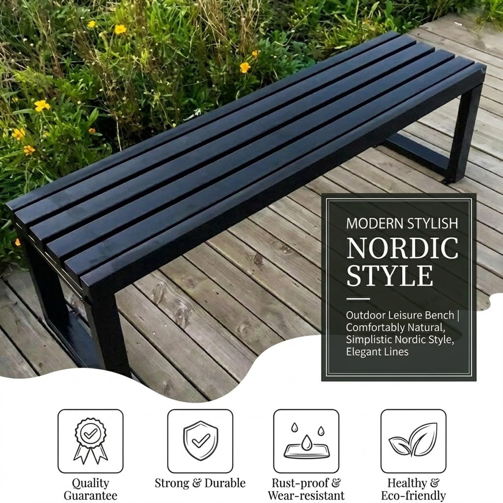 Banco de jardín de metal resistente a la intemperie de 180 cm, elegante banco de parque para jardín, patio, terraza, patio trasero, acabado blanco