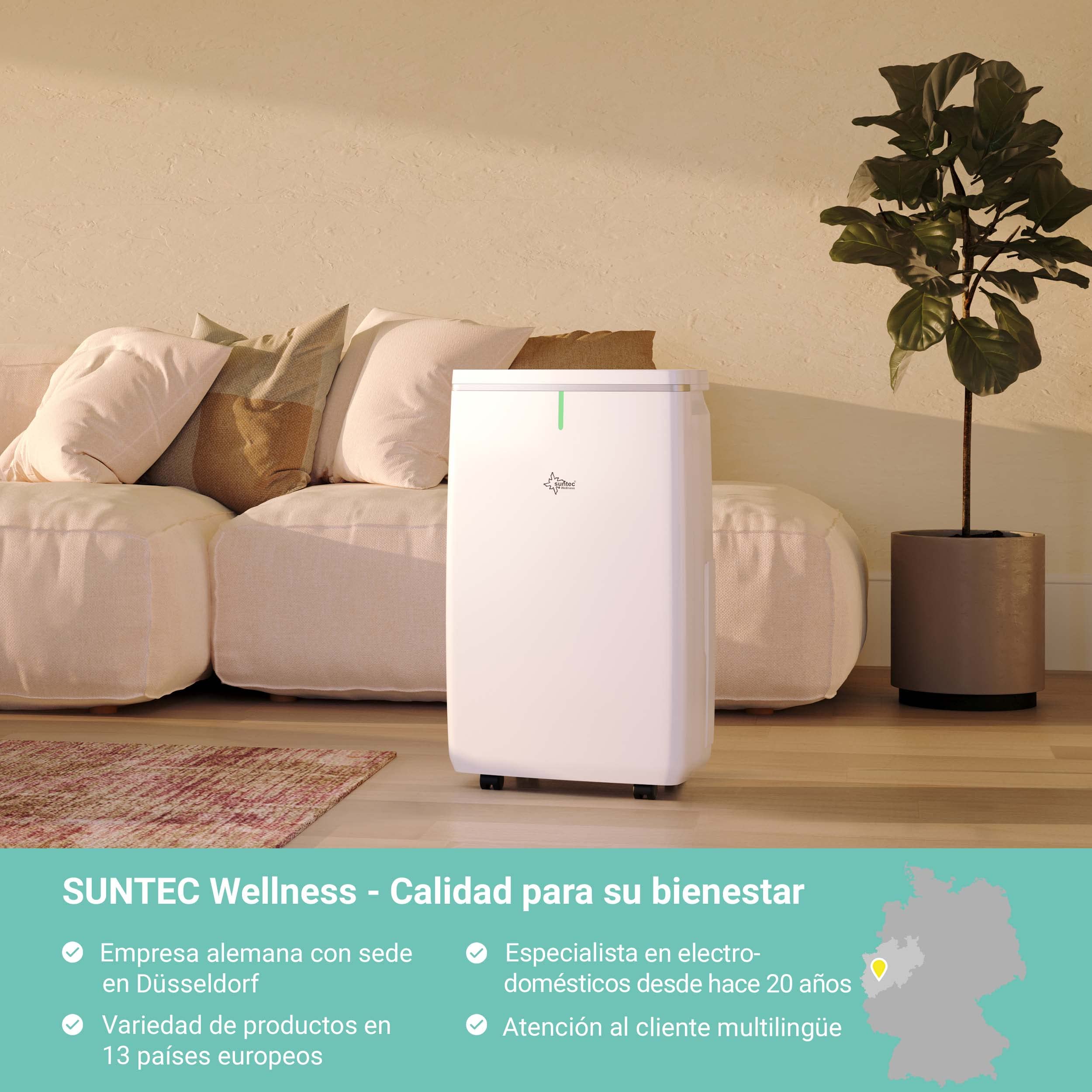 Deshumidificador de aire SUNTEC DryFix Lumio | Para espacios de hasta 63 m2 o 150 m3 | Deshumidificador 20 l/día | Deshumidificador – purificador de aire – secador de ropa 3 en 1 | Móvil y eléctrico