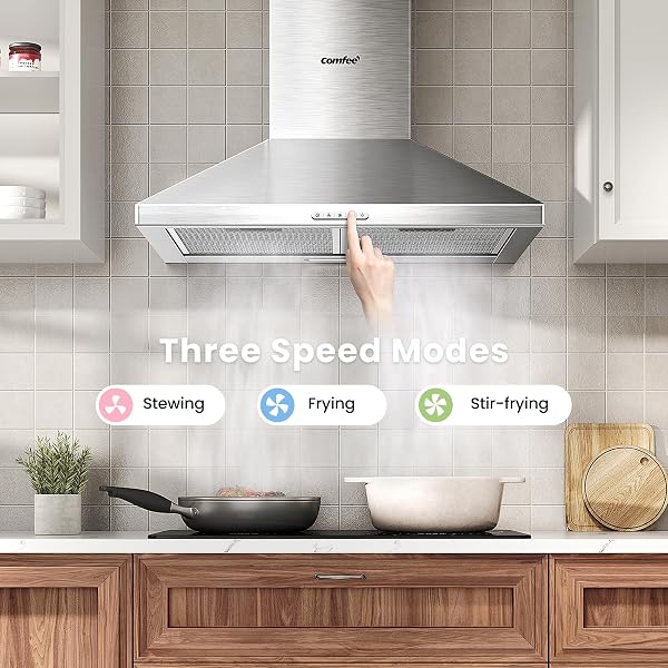 COMFEE' 60 cm Chimney Cooker Hood Stainless Steel Extractor Hood with LED and Recirculating & Ducting System Wall Mounted Range Hood 600 mm Extractor Fan - Silver KWH-PYRA17SS-60 - 3