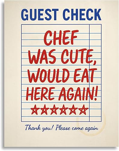 Funny Kitchen Wall Art - Chef Was Cute Guest Check Poster - 8x10 Unframed Retro Diner Decor - Trendy Red Blue Aesthetic Print for Apartment Dining disponible en Yaxa Costa Rica