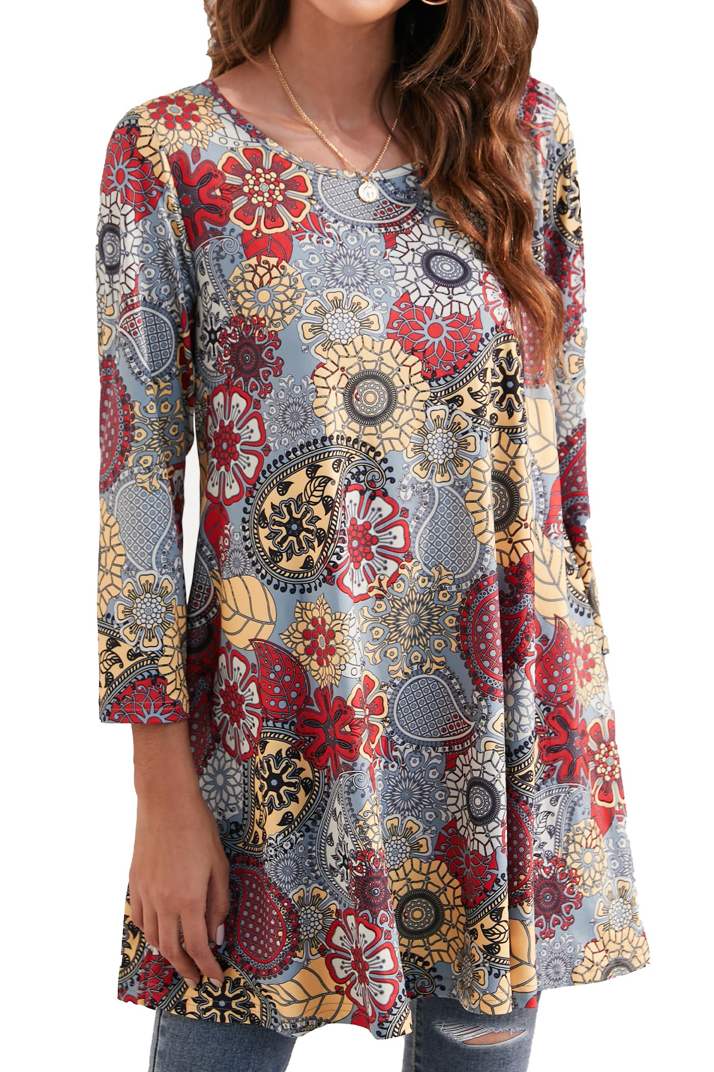 ENMAIN Women's Tops 3/4 Sleeve Dressy Casual Plus Size Tunic Tops to Wear with Leggings Swing Flare T-Shirt Loose Fit Blouses