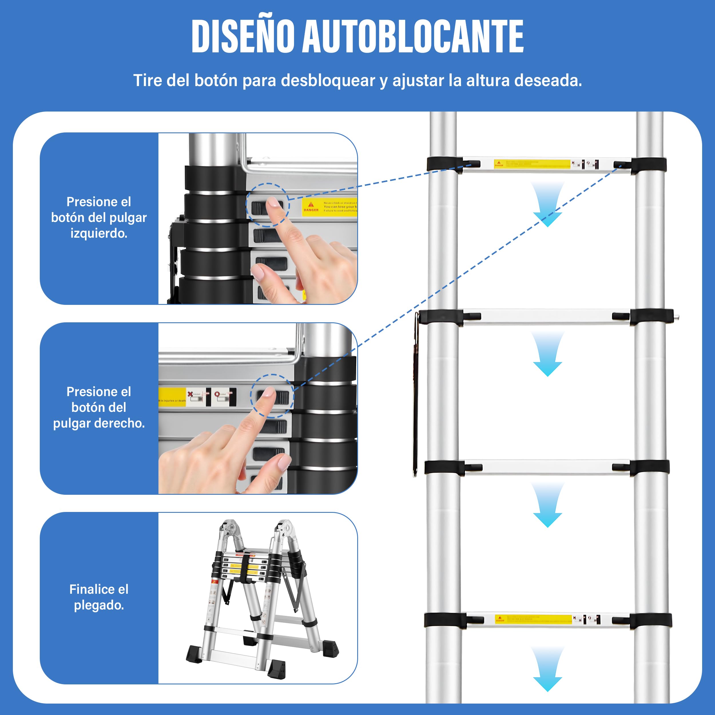 DEWINNER Escalera telescópica 3,8 m (1.9+1.9), Escalera Plegable 2 en 1, Escalera de Aluminio con Ganchos para Uso Interior y Exterior, Carga máxima de 150 kg, Color Plateado