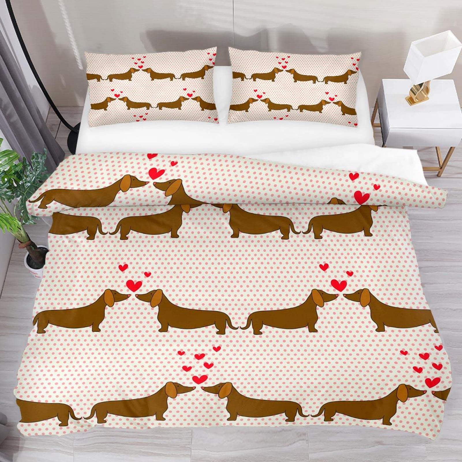 Kawaii Dackel Pärchen Bettbezüge, weiches Steppbettwäsche-Set mit Reißverschluss, pflegeleichter Tenel-Stoff, 3-teilig (1 Bettbezug + 2 Kissenbezüge)