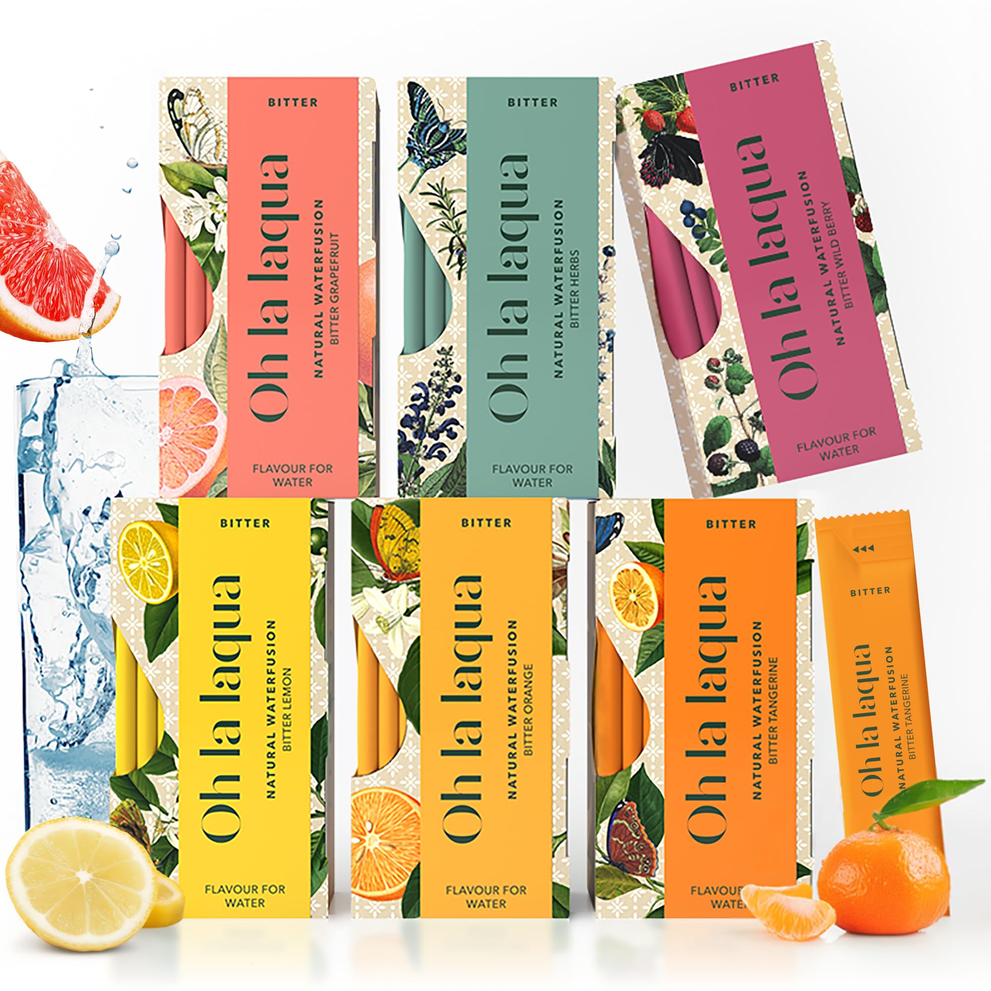 Oh la laqua - Dolce Vita - Bitter Lemon bis Bitter Wild Berry - Ohne Zucker - Probierpaket - 6 Bitter Flavours - 30l Infused Water - 100% Natürlich