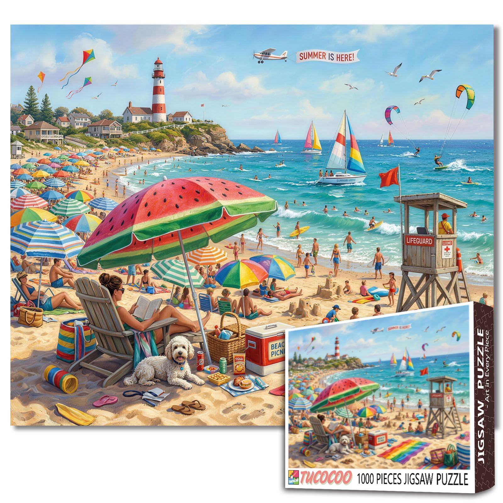 Summer Beach Jigsaw Puzzles for Adults 1000 Pieces Ocean Sailboat DIY Puzzles for Family Activity Games Lighthouse Coast Art Jigsaw Puzzles Home Wall Decor Craft Gifts 19.7 x 27.6 Inch โ image 1