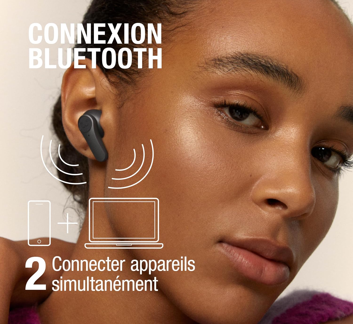 Image showing Fresh 'n Rebel Twins Rise earbuds connecting to a phone and laptop simultaneously via Bluetooth multipoint.
