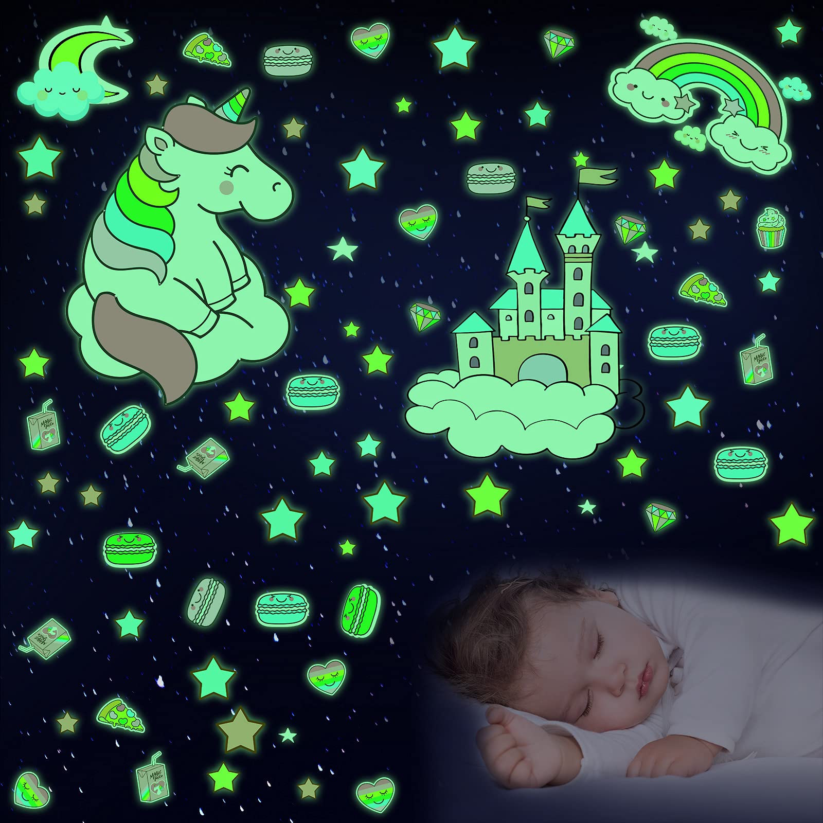 109 Pieces Glowing in The Dark Unicorn Decals Luminous Unicorn Wall Stickers Large Unicorn and Castle with Rainbow Stars Heart Cloud Moon Food Decals Unicorn Bedroom Decor for Girls