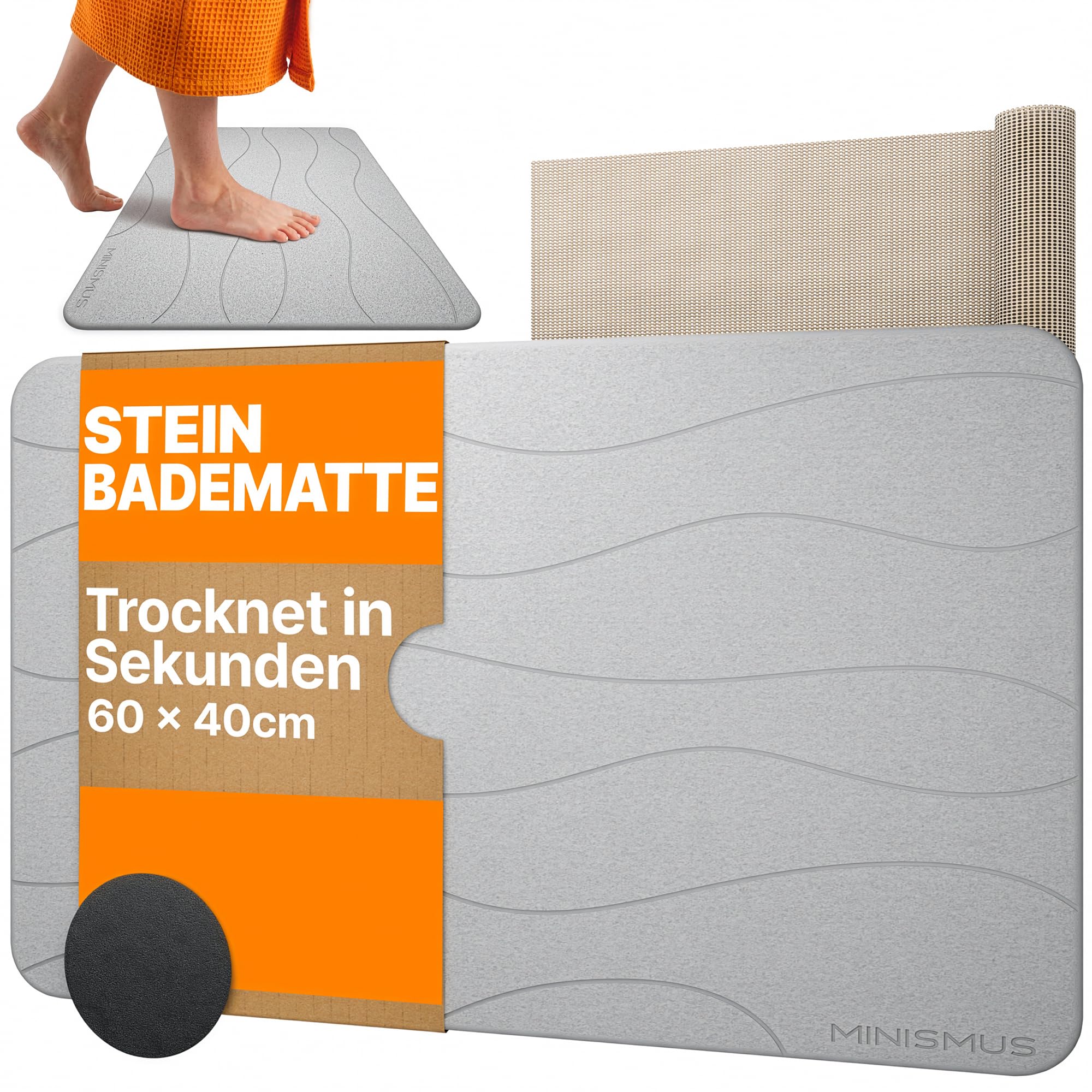 Minismus Badematte Stein 60x40cm - Diatomite Stone Bath Mat - Steinmatte Badezimmer - Stein Kieselgur - Duschvorleger Schnelltrocknend - Duschmatte