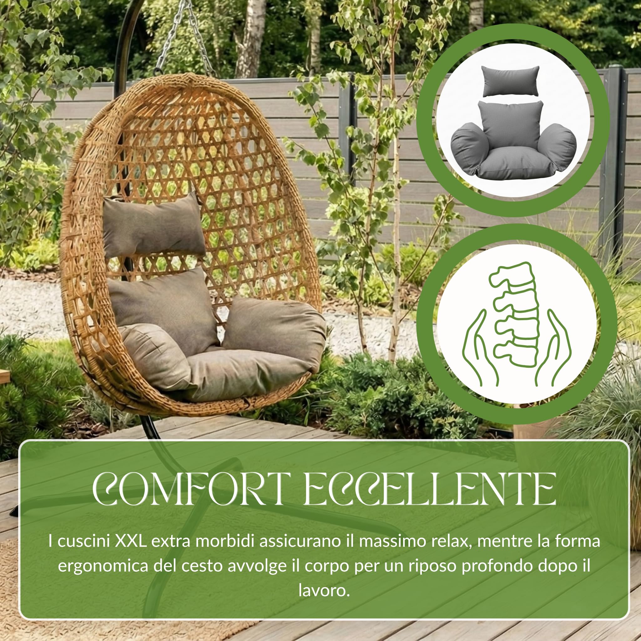 MEVEN Aura | Poltrona sospesa con telaio naturale, cesto per esterni e interni | Poltrona sospesa inclusa XXL cuscino, capacità di carico 110kg | Poltrona in vimini di lusso per giardino, balcone e