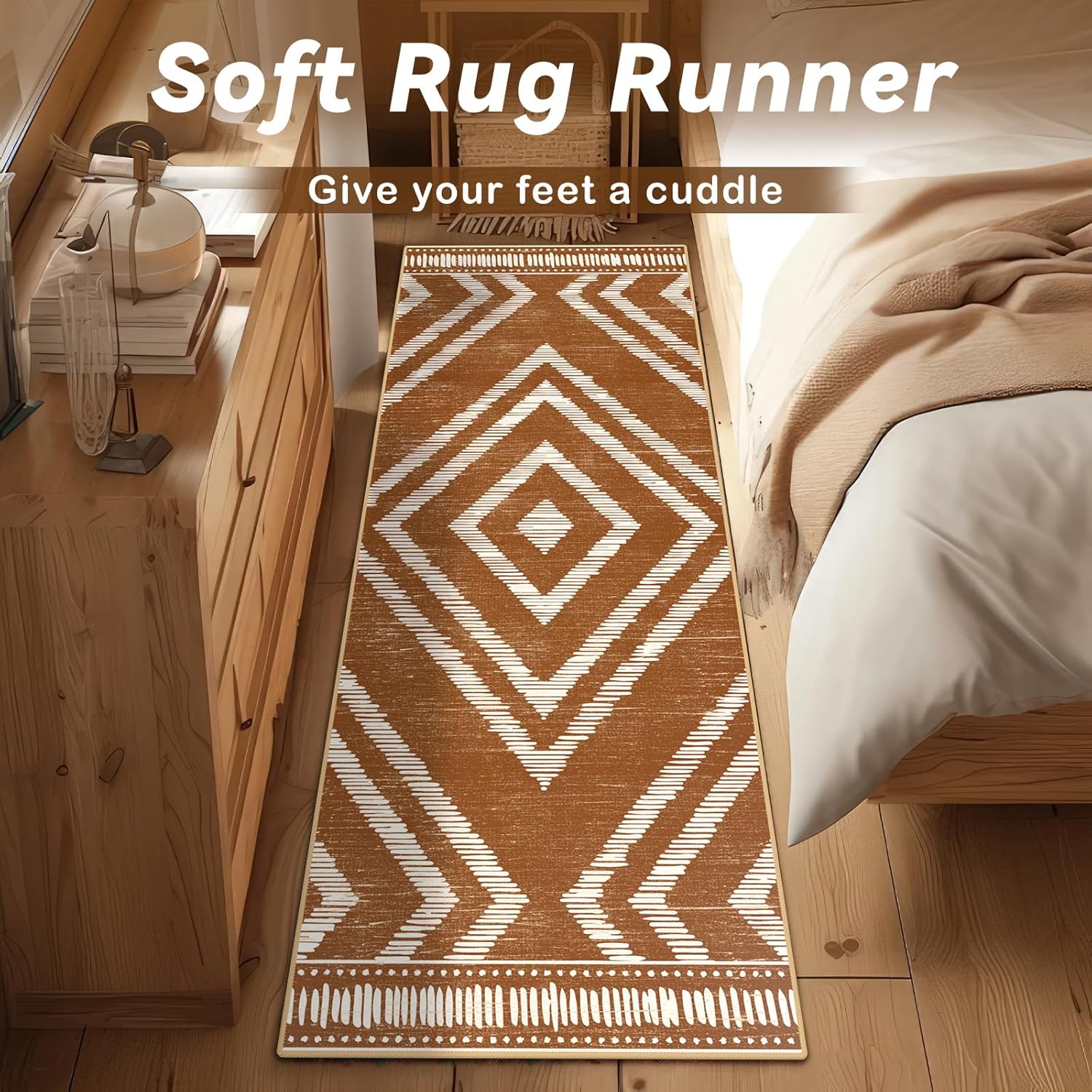 Boho Runner Rugs 2x6ft Non Slip, Brown Washable Rug with Rubber Backing, Soft Moroccan Farmhouse Kitchen Runner, Low Pile Geometric Floor Carpet for Hallway Bedroom Bathroom