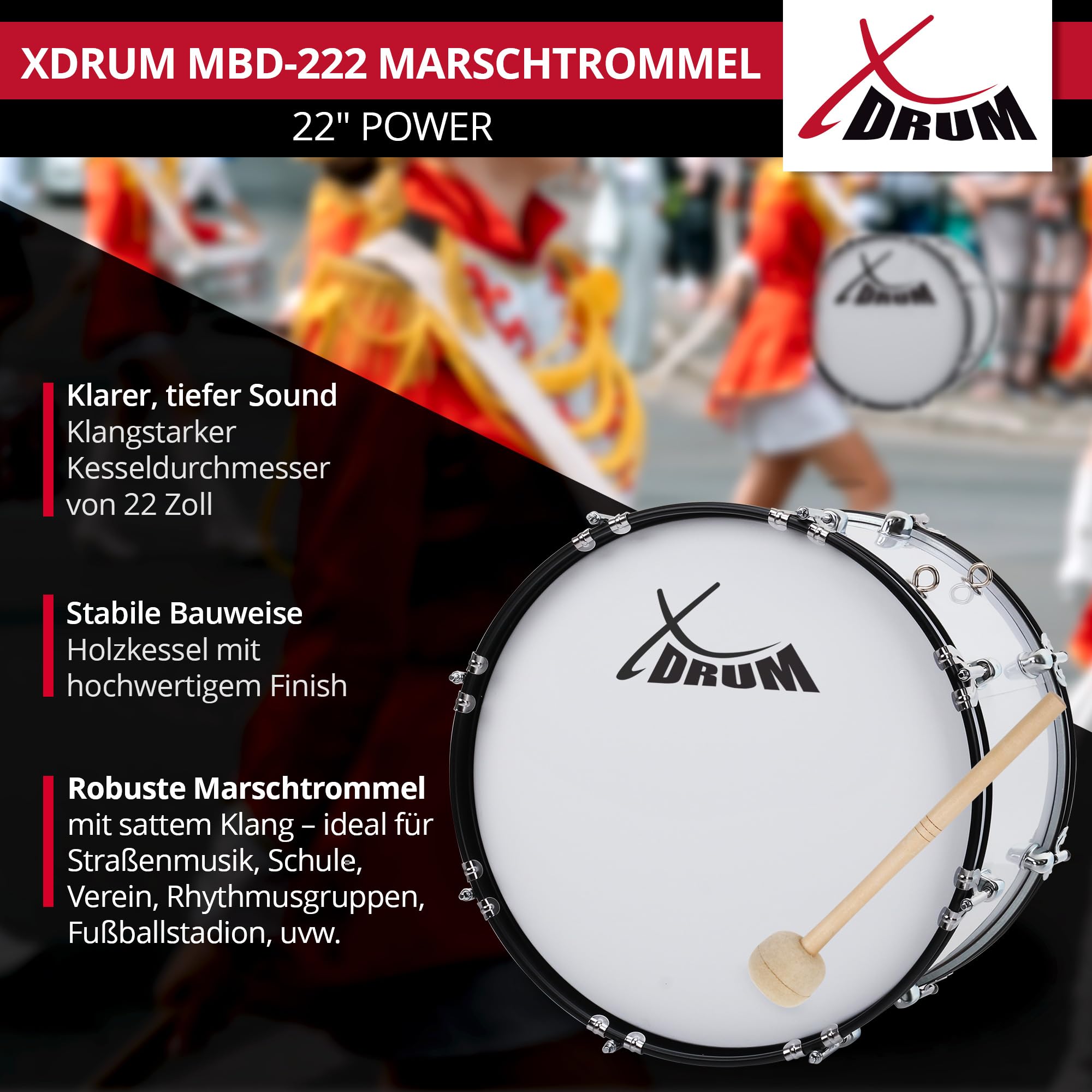 XDrum MBD-222 Grancassa da marcia 22" x 12" - grande grancassa da marcia - 7,5 kg - 4 occhielli per imbracatura - 8 tiranti per lato - incl. mazzuoli, imbracature e chiave di accordatura - Bianco