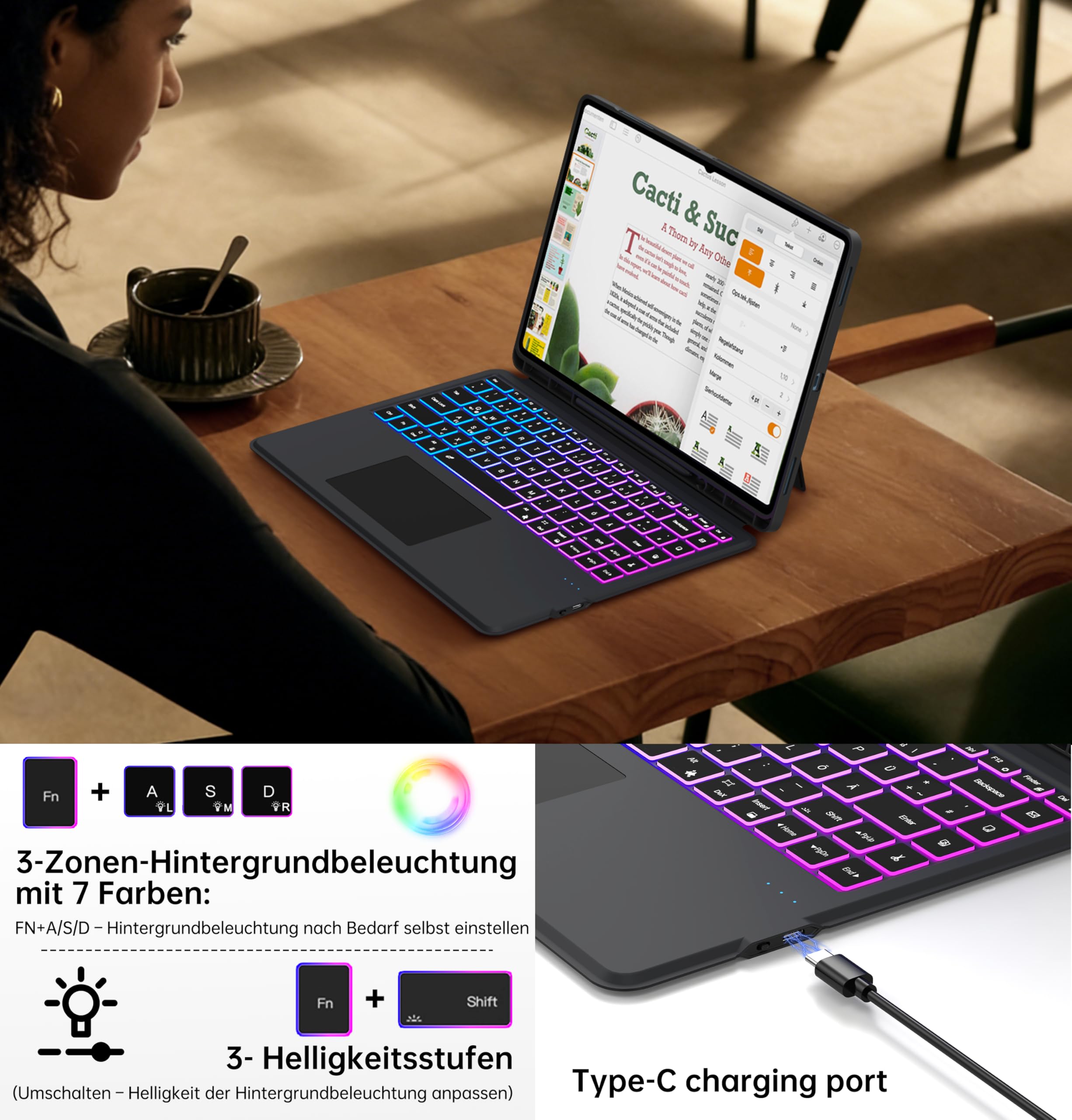 für Samsung Galaxy Tab S11 Ultra 2025/S10 Ultra/S9 Ultra/S8 Ultra 14.6 Zoll Hülle mit Tastatur: Deutsches QWERTZ-Layout Tastatur mit Touchpad | 7-Farbige Beleuchtung Tastaturen Hülle mit Pen Halter