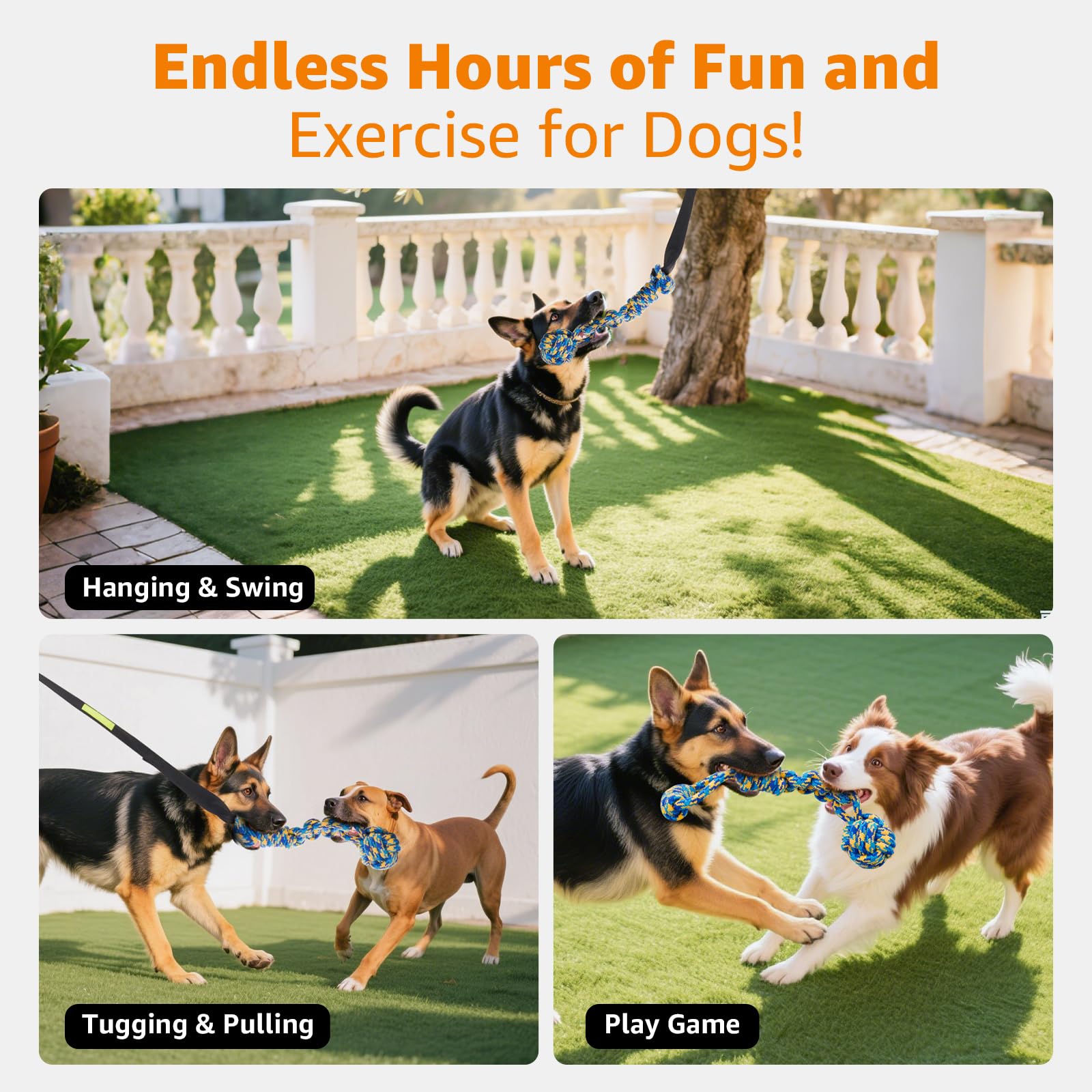 LOOBANI Juguete elástico para Exteriores, Juguete para Perros Colgantes del árbol para Perros pequeños a Grandes, Cuerda de Juego interactiva y Correa con Cuerda para Masticar (Negro)