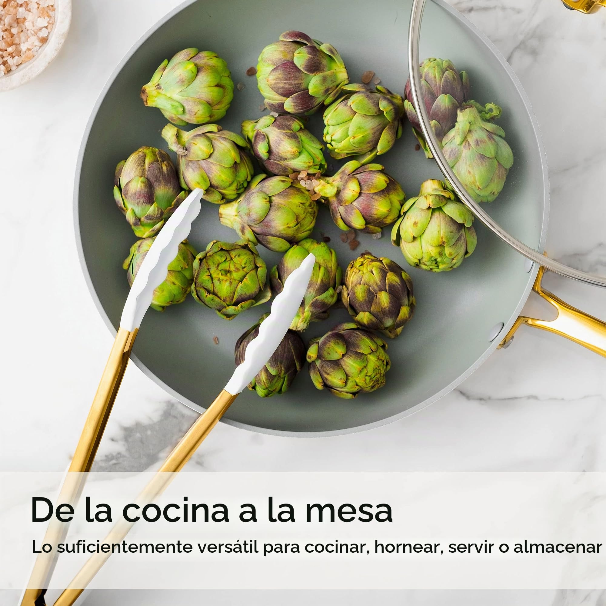 Styled Settings White and Gold - Juego de utensilios de cocina de silicona de 6 piezas con espátula, batidor, pinzas, cuchara y volteador, antiadherentes, sin BPA, accesorios de cocina dorados