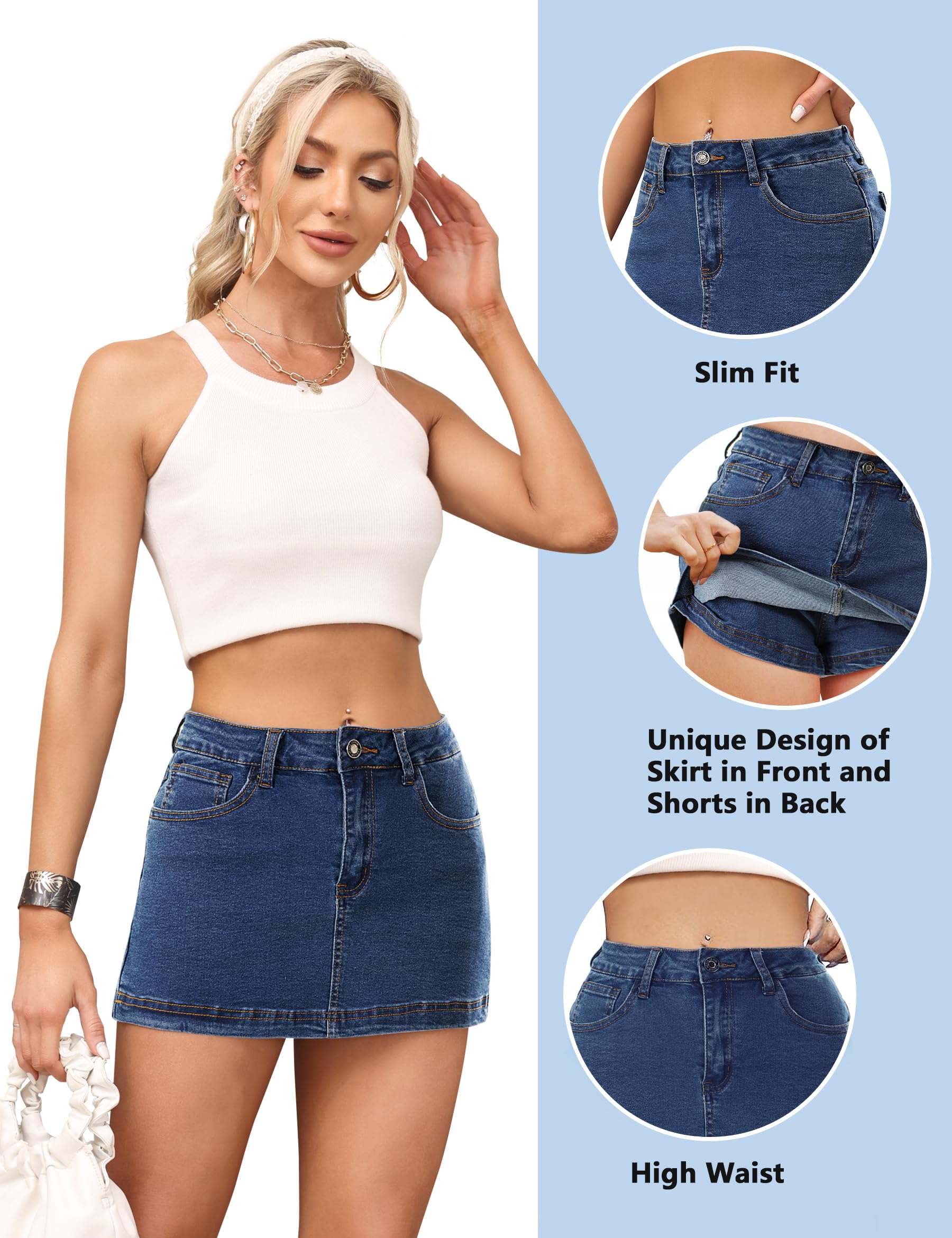 Fengbay Falda Pantalón Vaquera Mujer Cintura Alta Elástica Mini Falda Denim con Bolsillos Transpirable Casual Moda