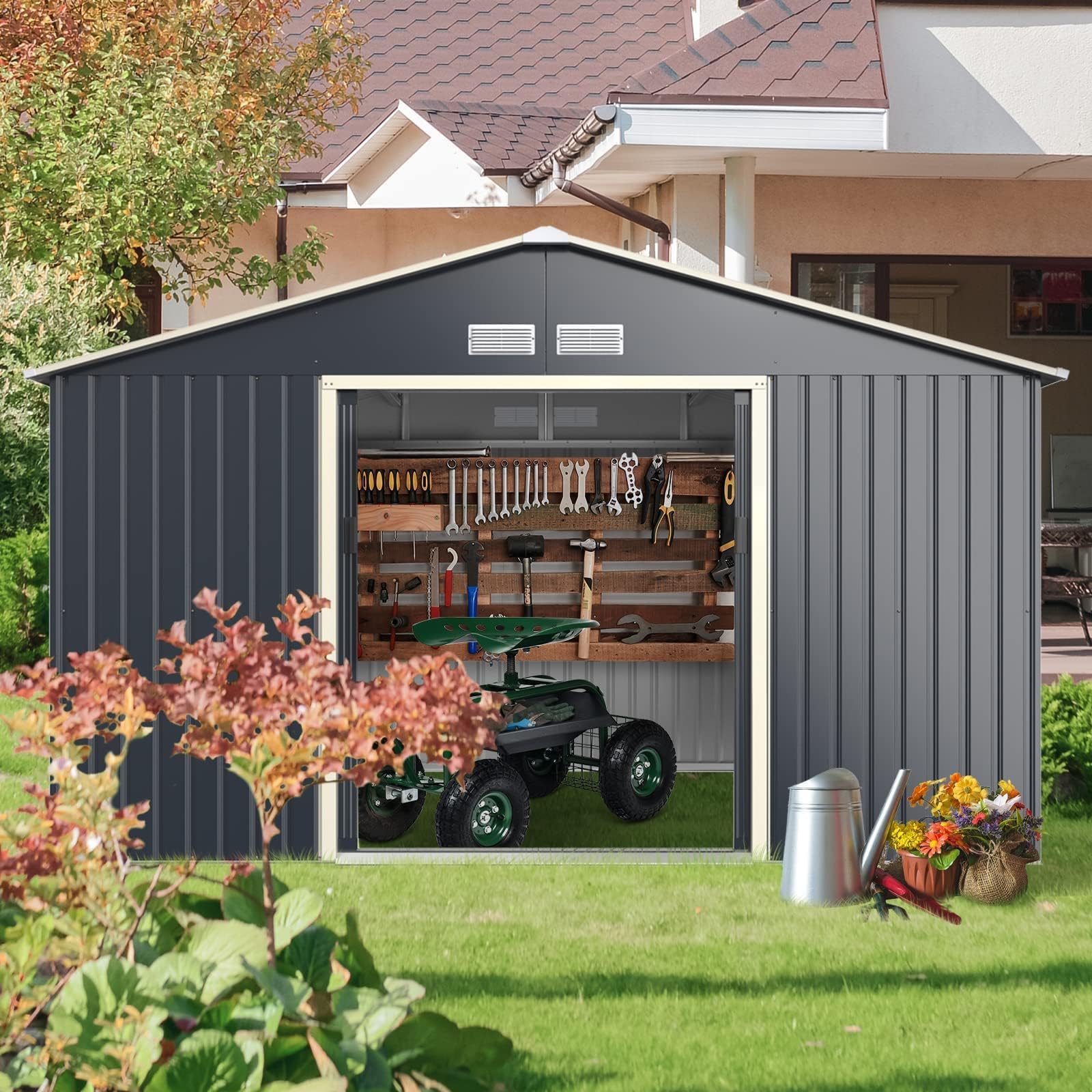 RELAX4LIFE Casetta da Giardino 340 x 319 x 210 cm (10,19 m²), Acciaio Zincato, 4 Prese d'Aria, Porta 117x162 cm, Tetto Inclinato, Porte Scorrevoli, Expandibile, Grigio