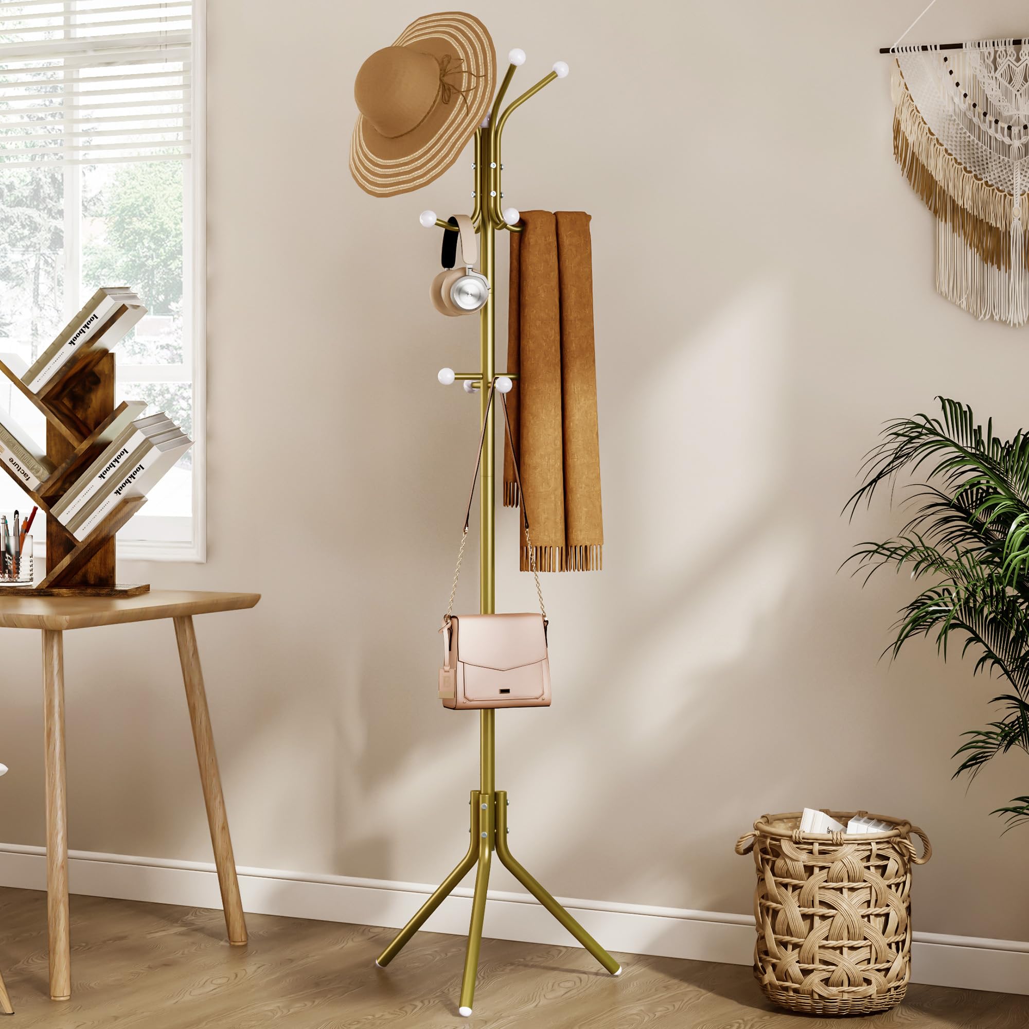 Hoctieon Coat Rack Freestanding, Heavy Duty Coat Hanger Stand with 12 Hooks, Entryway Hall Tree, Floor Standing Coat Rack, Coat Rack Stand, Clothes Rack, Coat Tree, Gold